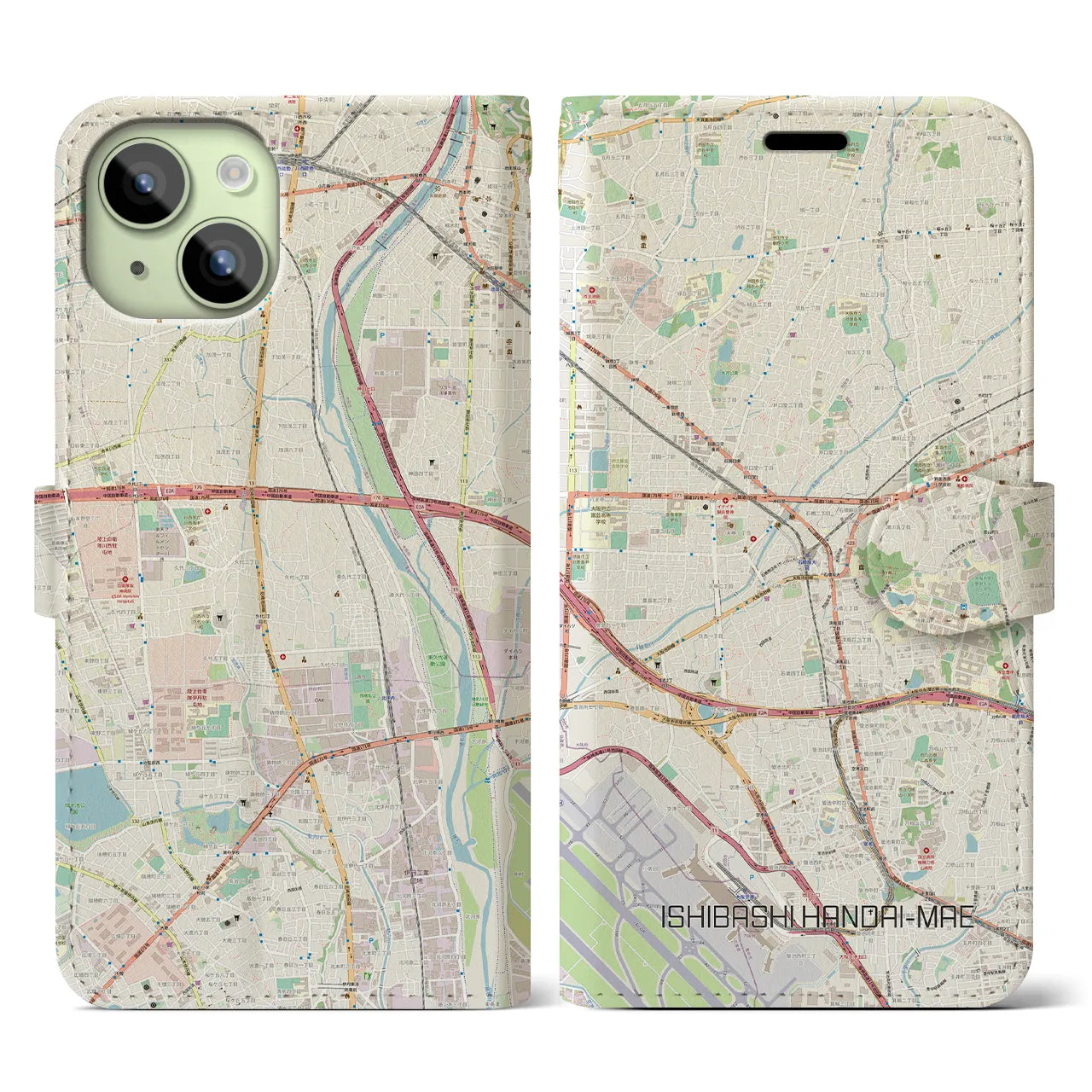 【石橋阪大前】地図柄iPhoneケース（手帳両面タイプ・ナチュラル）iPhone 15 用