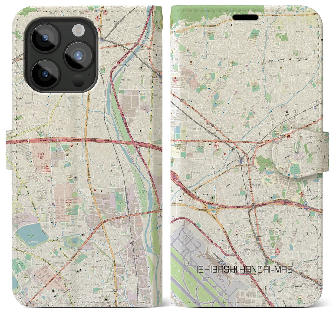 【石橋阪大前】地図柄iPhoneケース（手帳両面タイプ・ナチュラル）iPhone 15 Pro Max 用