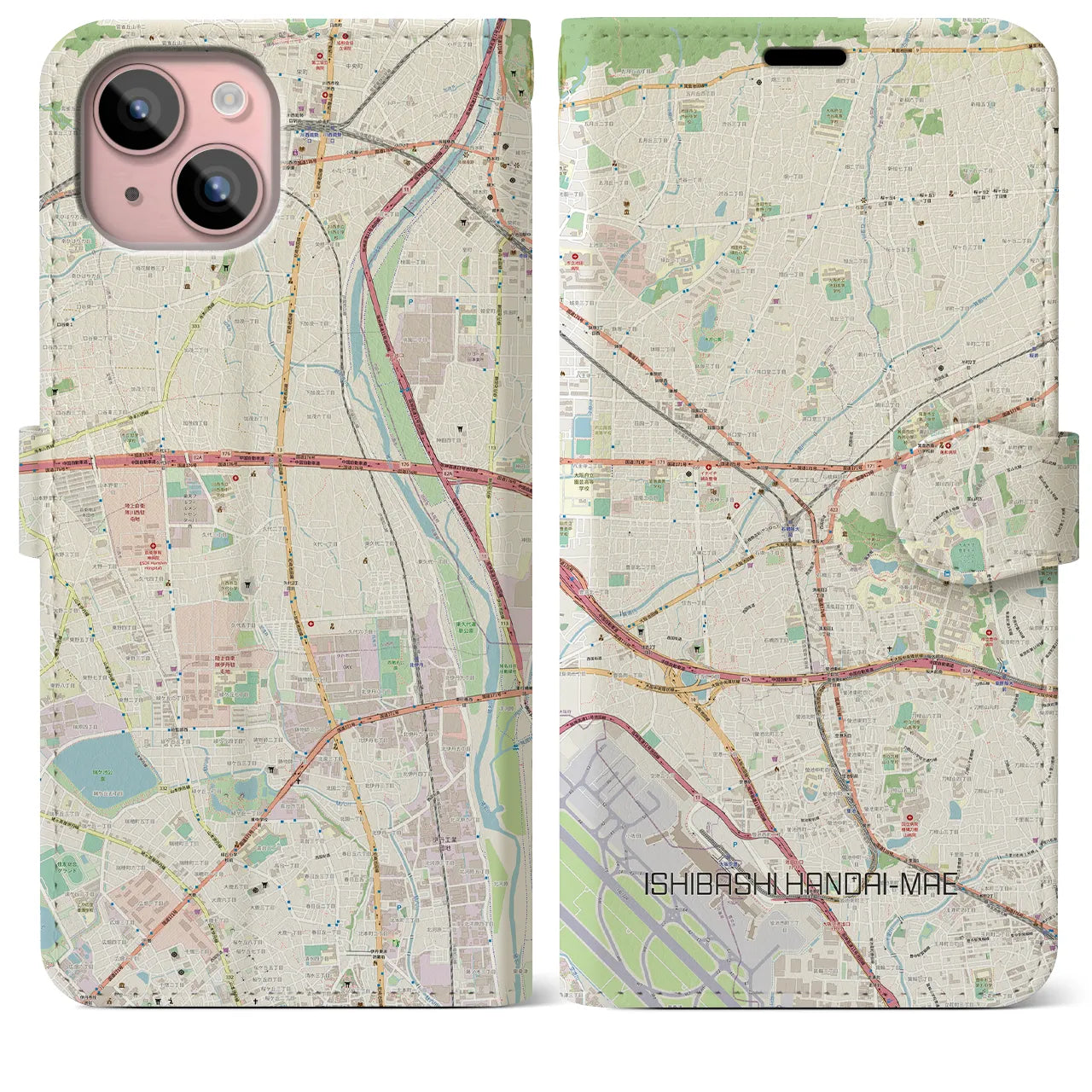 【石橋阪大前】地図柄iPhoneケース（手帳両面タイプ・ナチュラル）iPhone 15 Plus 用