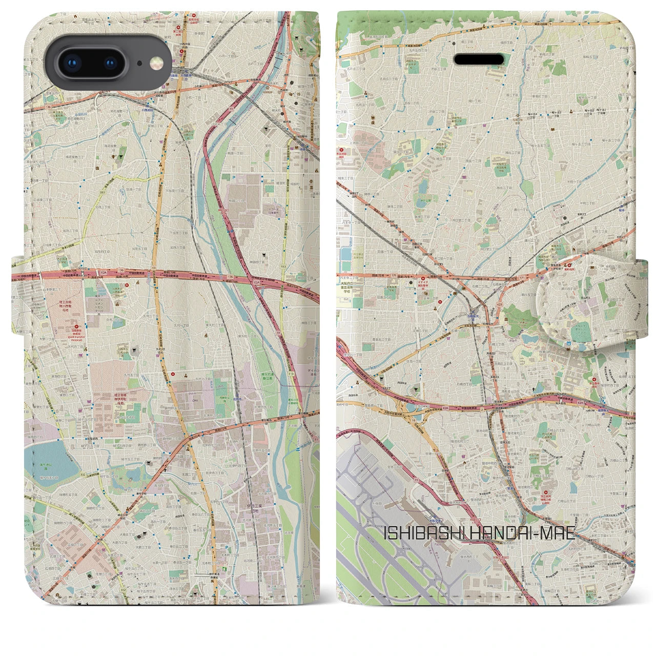【石橋阪大前】地図柄iPhoneケース（手帳両面タイプ・ナチュラル）iPhone 8Plus /7Plus / 6sPlus / 6Plus 用