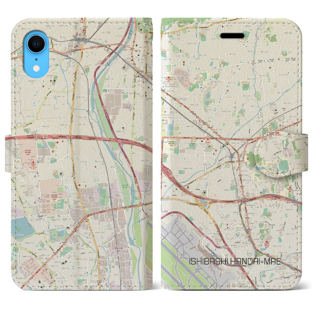 【石橋阪大前】地図柄iPhoneケース（手帳両面タイプ・ナチュラル）iPhone XR 用