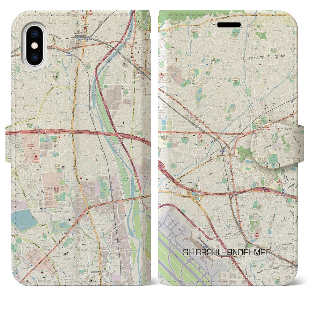 【石橋阪大前】地図柄iPhoneケース（手帳両面タイプ・ナチュラル）iPhone XS Max 用