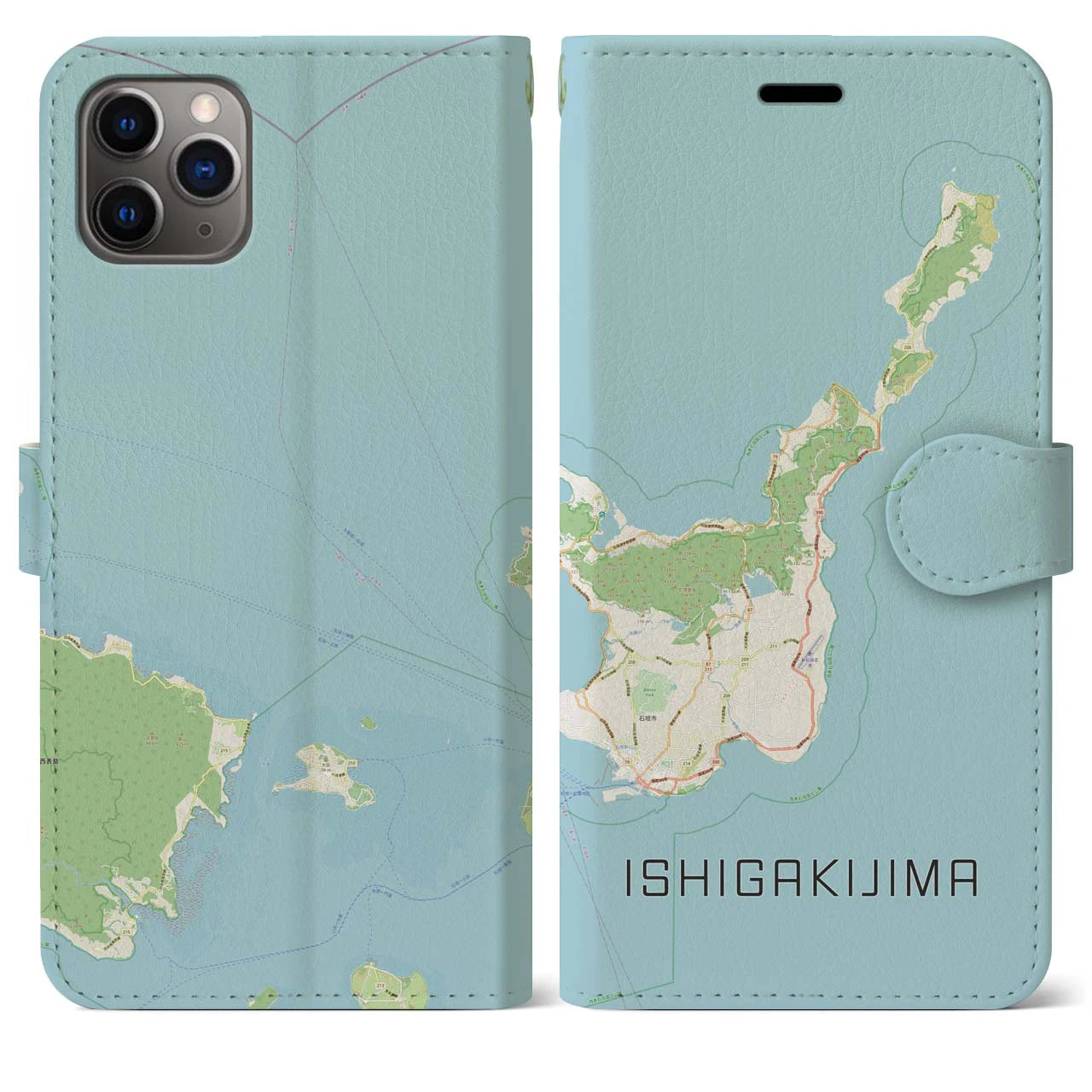 【石垣島】地図柄iPhoneケース（手帳両面タイプ・ナチュラル）iPhone 11 Pro Max 用