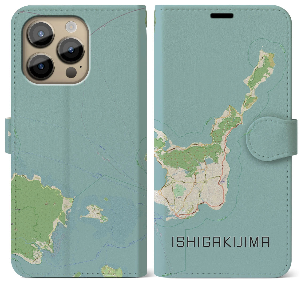 【石垣島】地図柄iPhoneケース（手帳両面タイプ・ナチュラル）iPhone 14 Pro Max 用