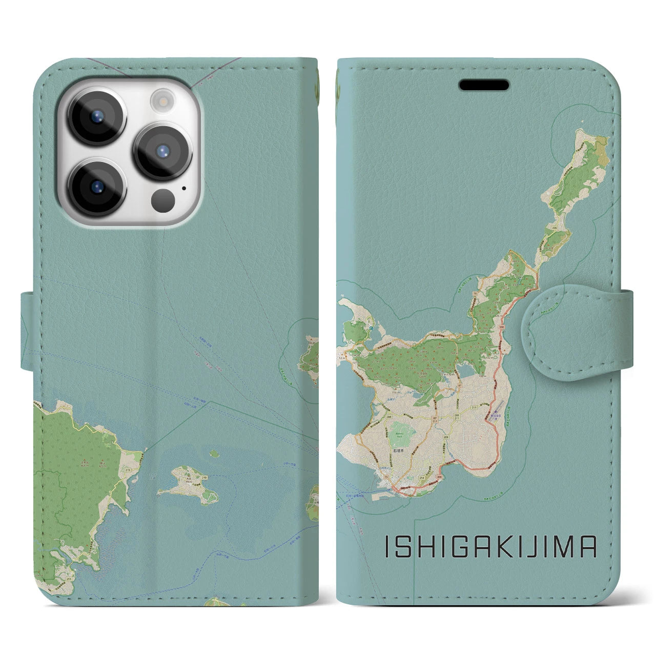 【石垣島】地図柄iPhoneケース（手帳両面タイプ・ナチュラル）iPhone 14 Pro 用