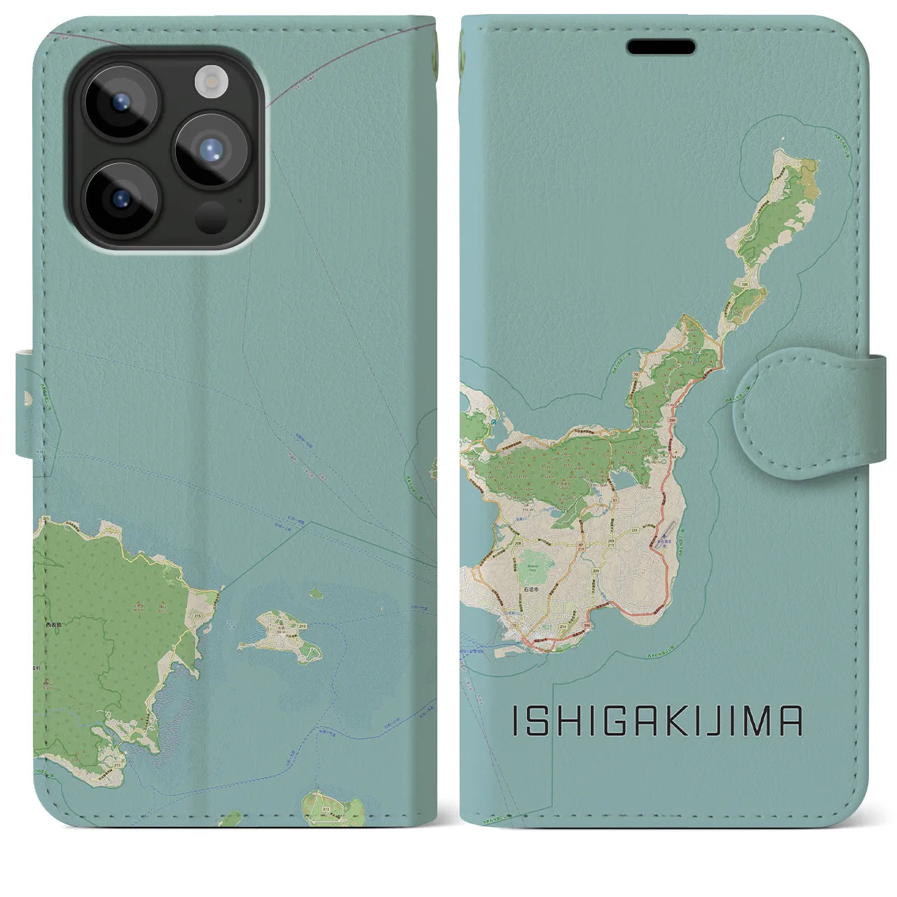 【石垣島】地図柄iPhoneケース（手帳両面タイプ・ナチュラル）iPhone 15 Pro Max 用