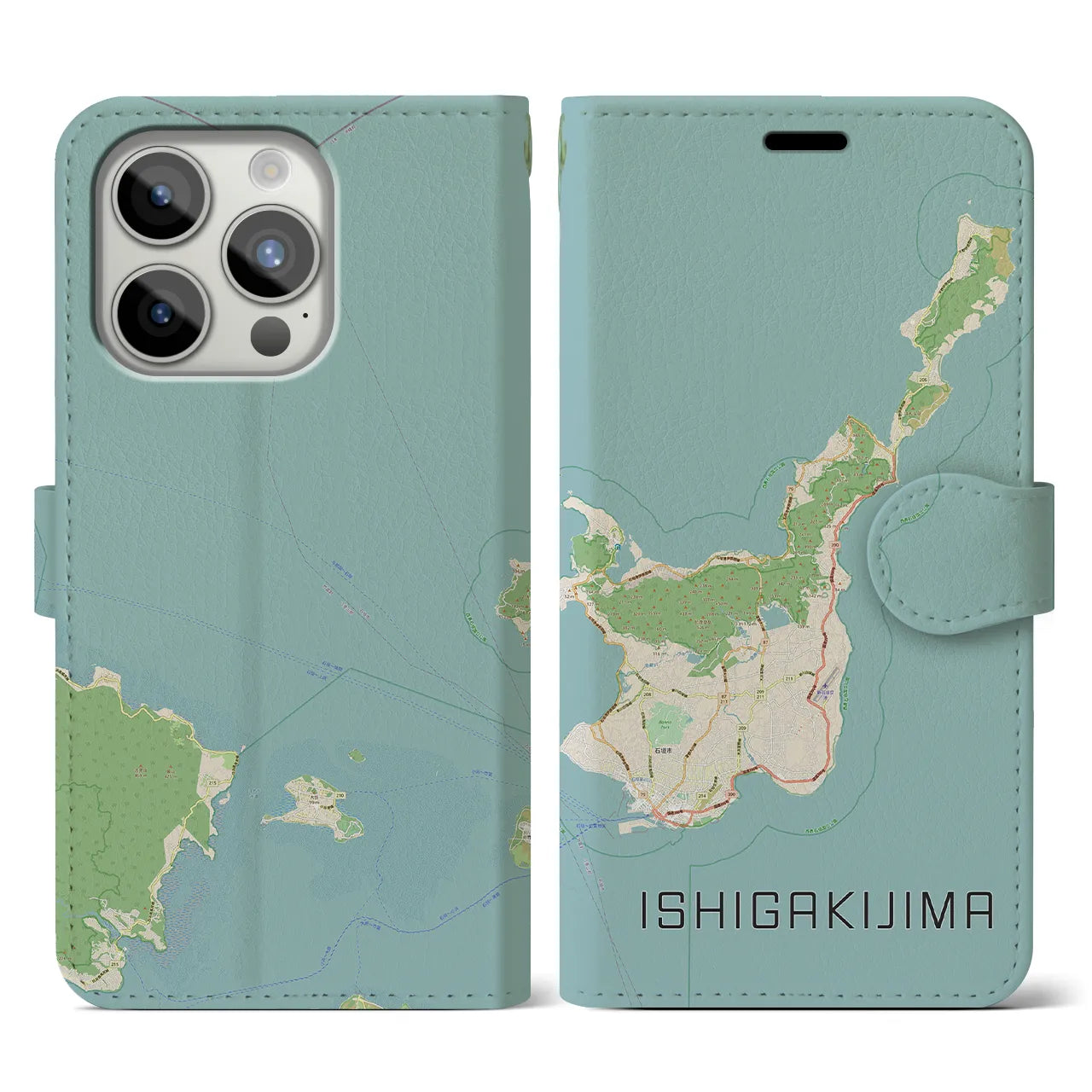 【石垣島】地図柄iPhoneケース（手帳両面タイプ・ナチュラル）iPhone 15 Pro 用