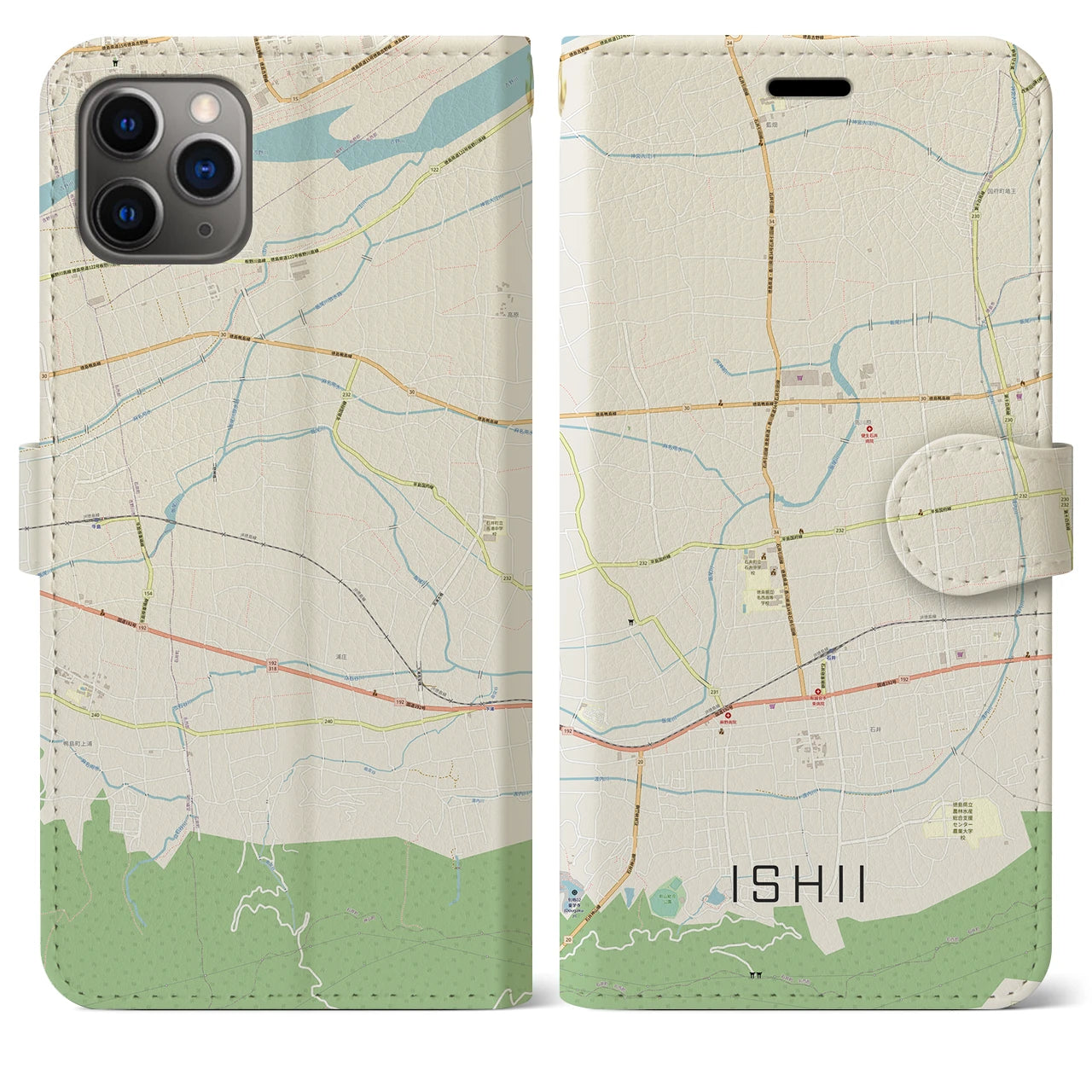 【石井】地図柄iPhoneケース（手帳両面タイプ・ナチュラル）iPhone 11 Pro Max 用
