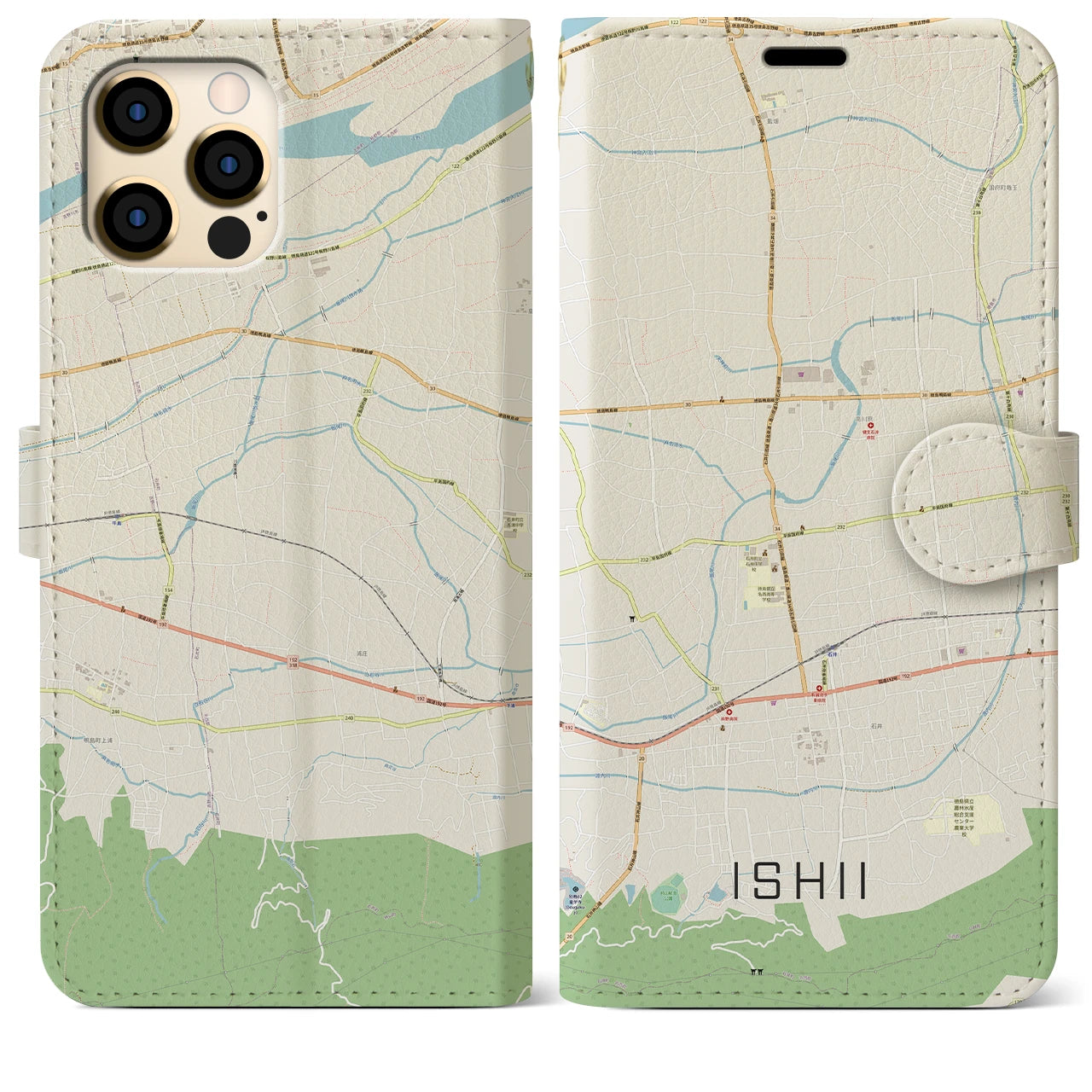 【石井】地図柄iPhoneケース（手帳両面タイプ・ナチュラル）iPhone 12 Pro Max 用
