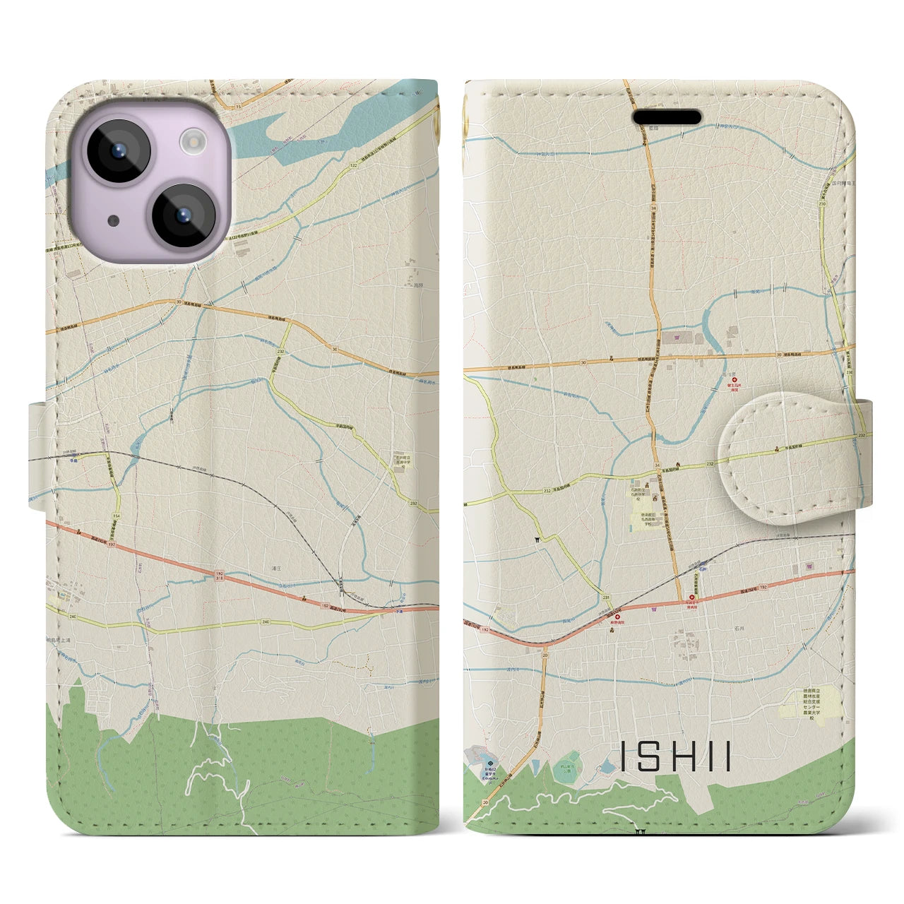 【石井】地図柄iPhoneケース（手帳両面タイプ・ナチュラル）iPhone 14 用