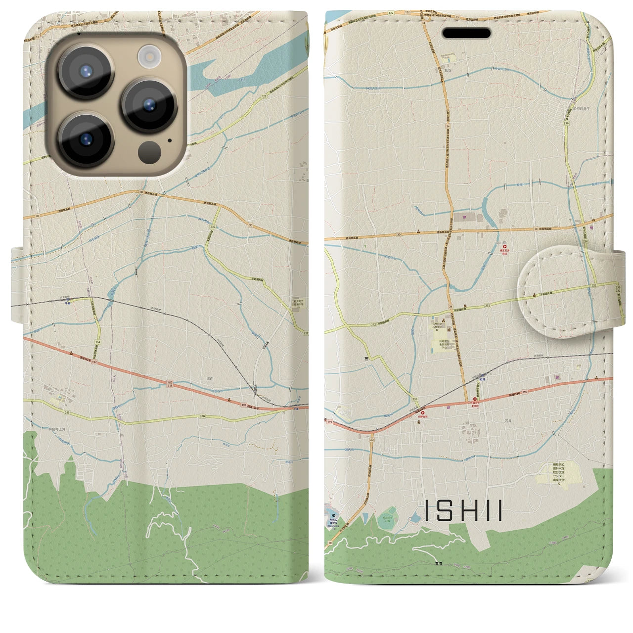 【石井】地図柄iPhoneケース（手帳両面タイプ・ナチュラル）iPhone 14 Pro Max 用