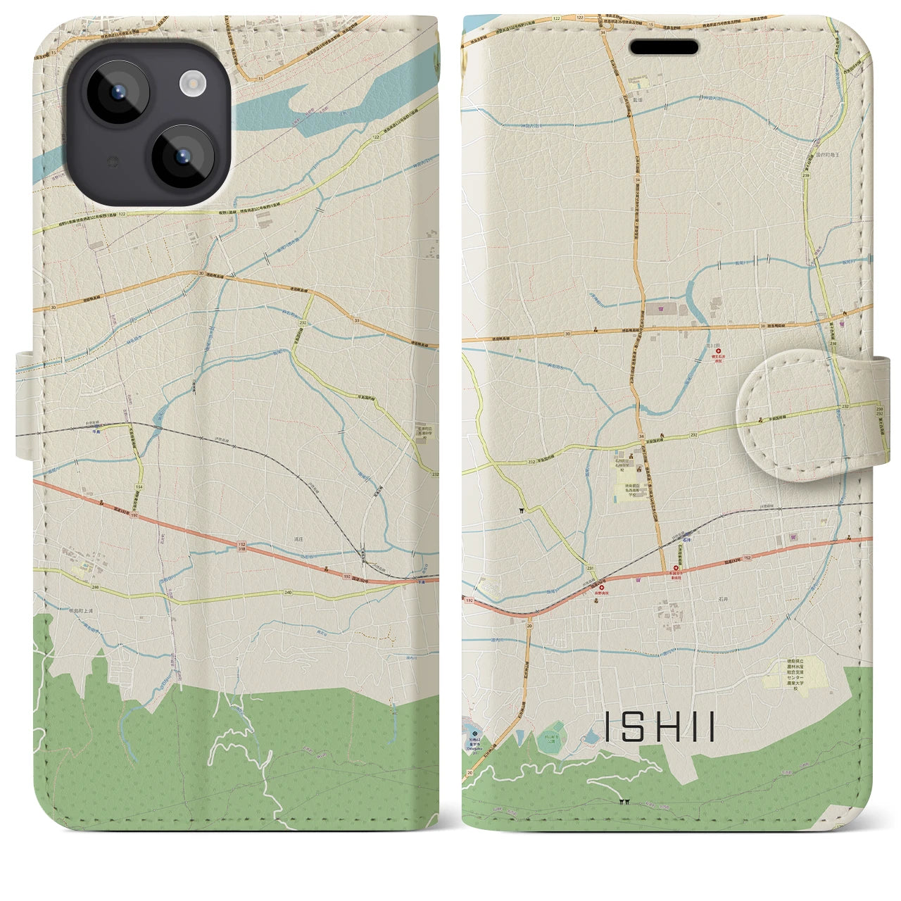【石井】地図柄iPhoneケース（手帳両面タイプ・ナチュラル）iPhone 14 Plus 用