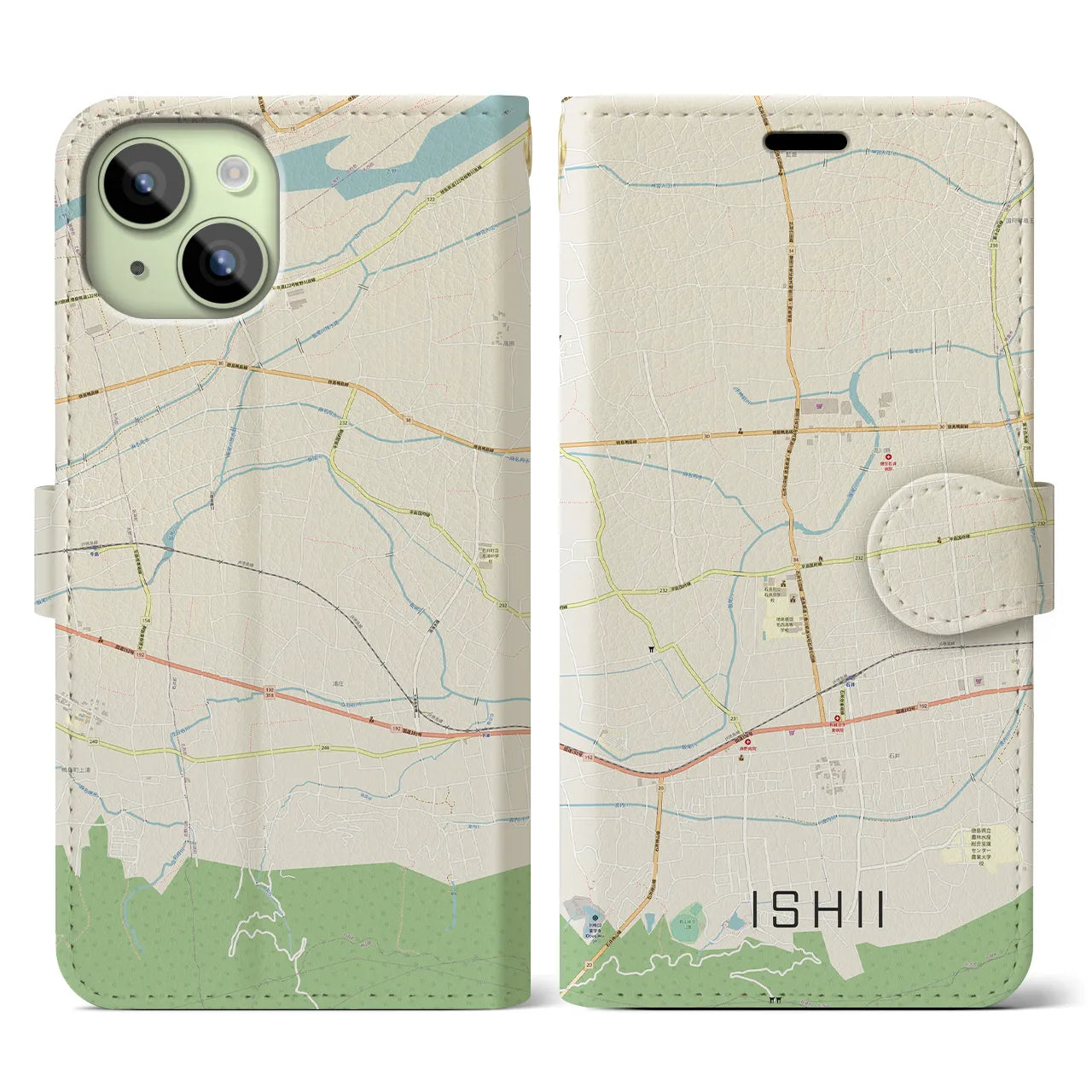 【石井】地図柄iPhoneケース（手帳両面タイプ・ナチュラル）iPhone 15 用