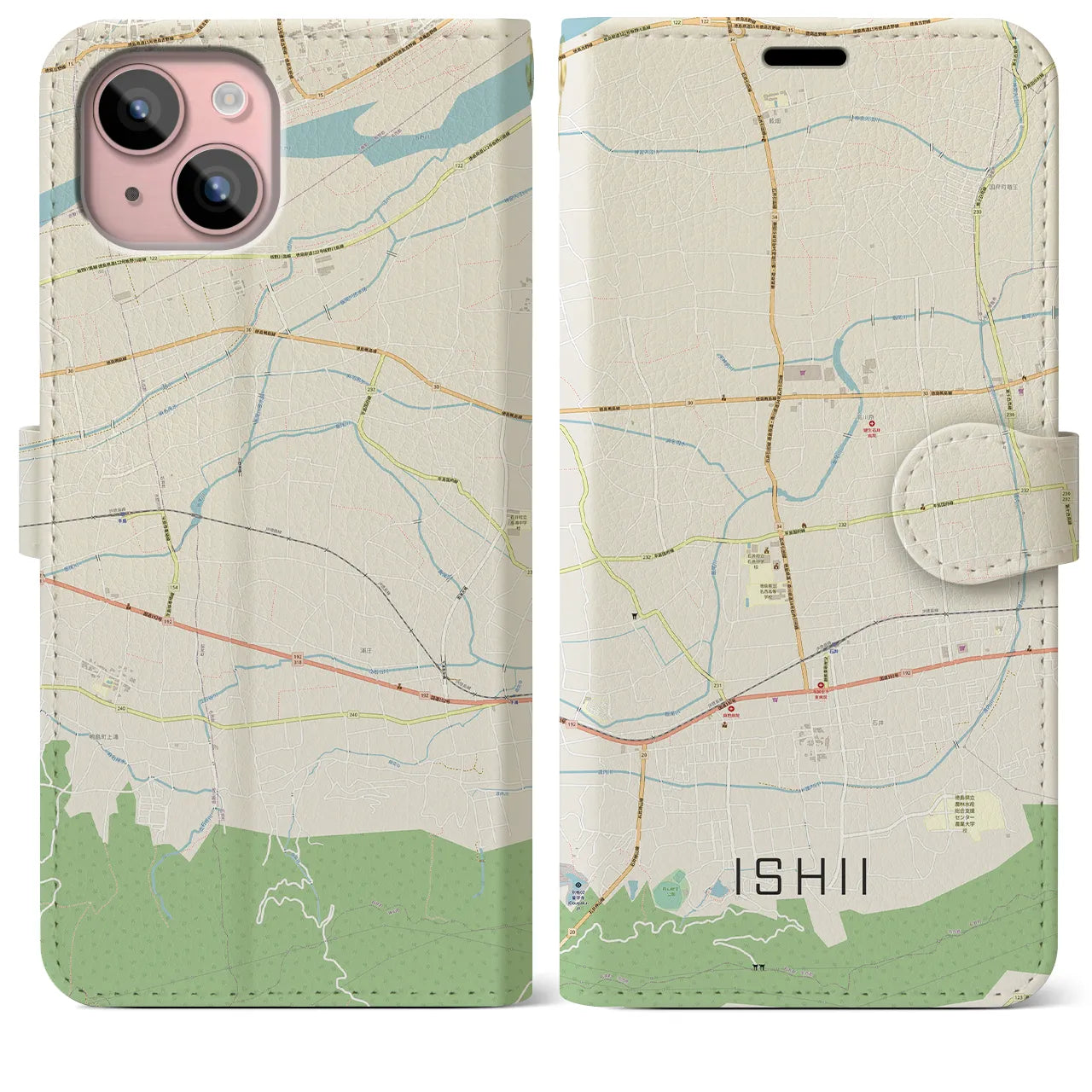 【石井】地図柄iPhoneケース（手帳両面タイプ・ナチュラル）iPhone 15 Plus 用