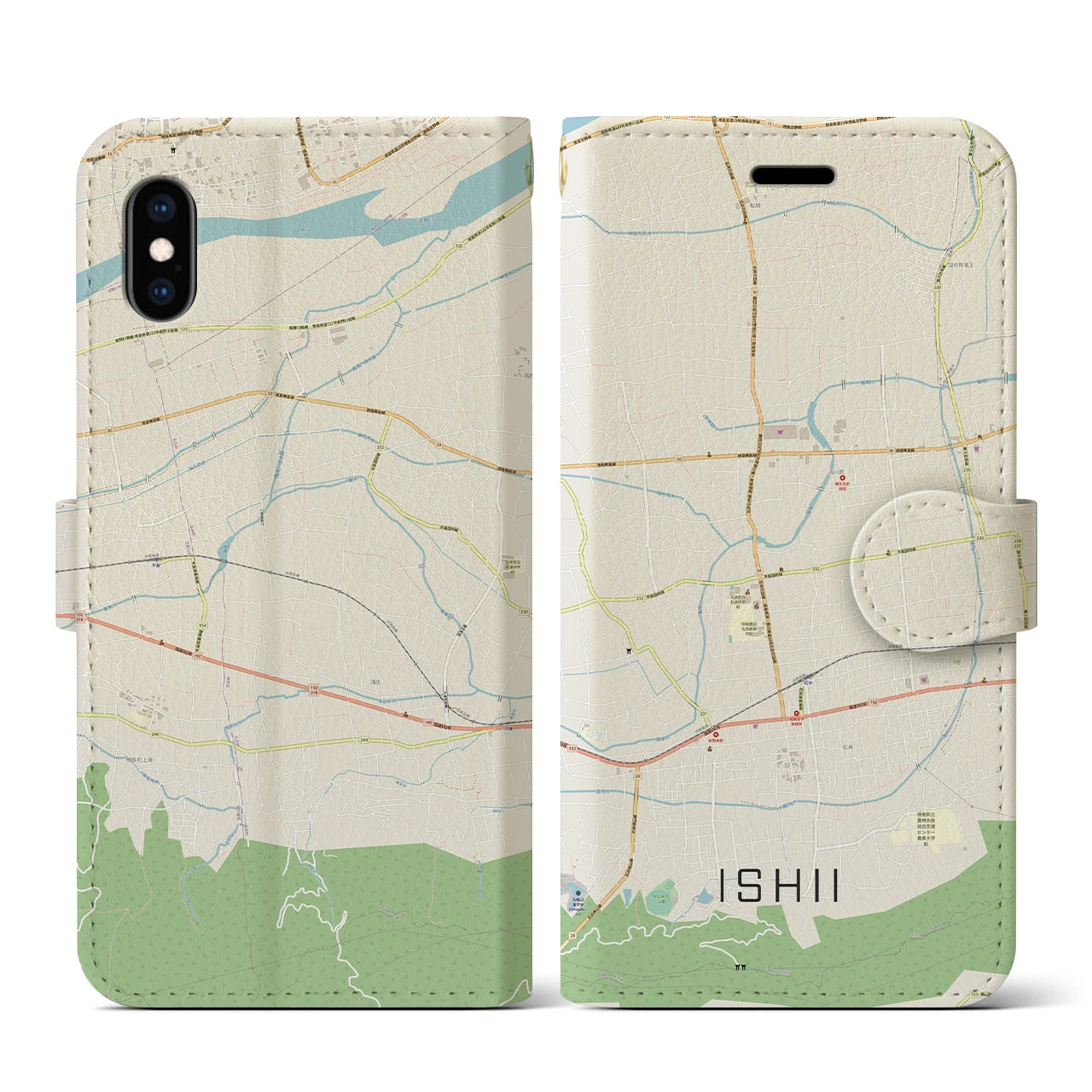 【石井】地図柄iPhoneケース（手帳両面タイプ・ナチュラル）iPhone XS / X 用