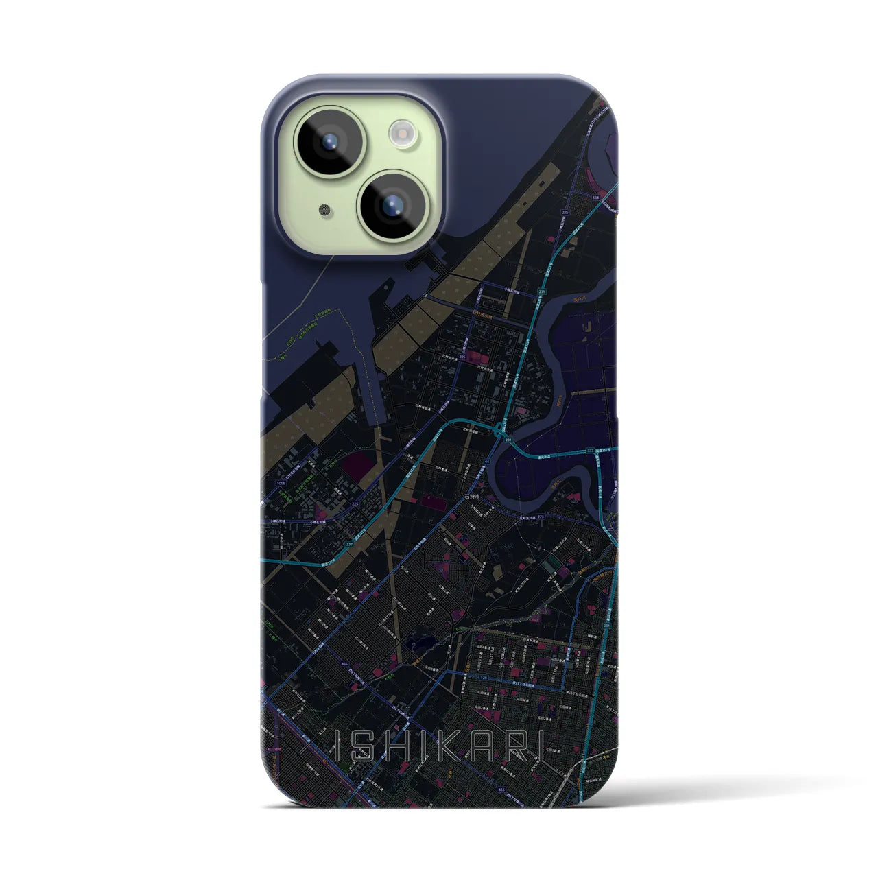【石狩】地図柄iPhoneケース（バックカバータイプ・ブラック）iPhone 15 用