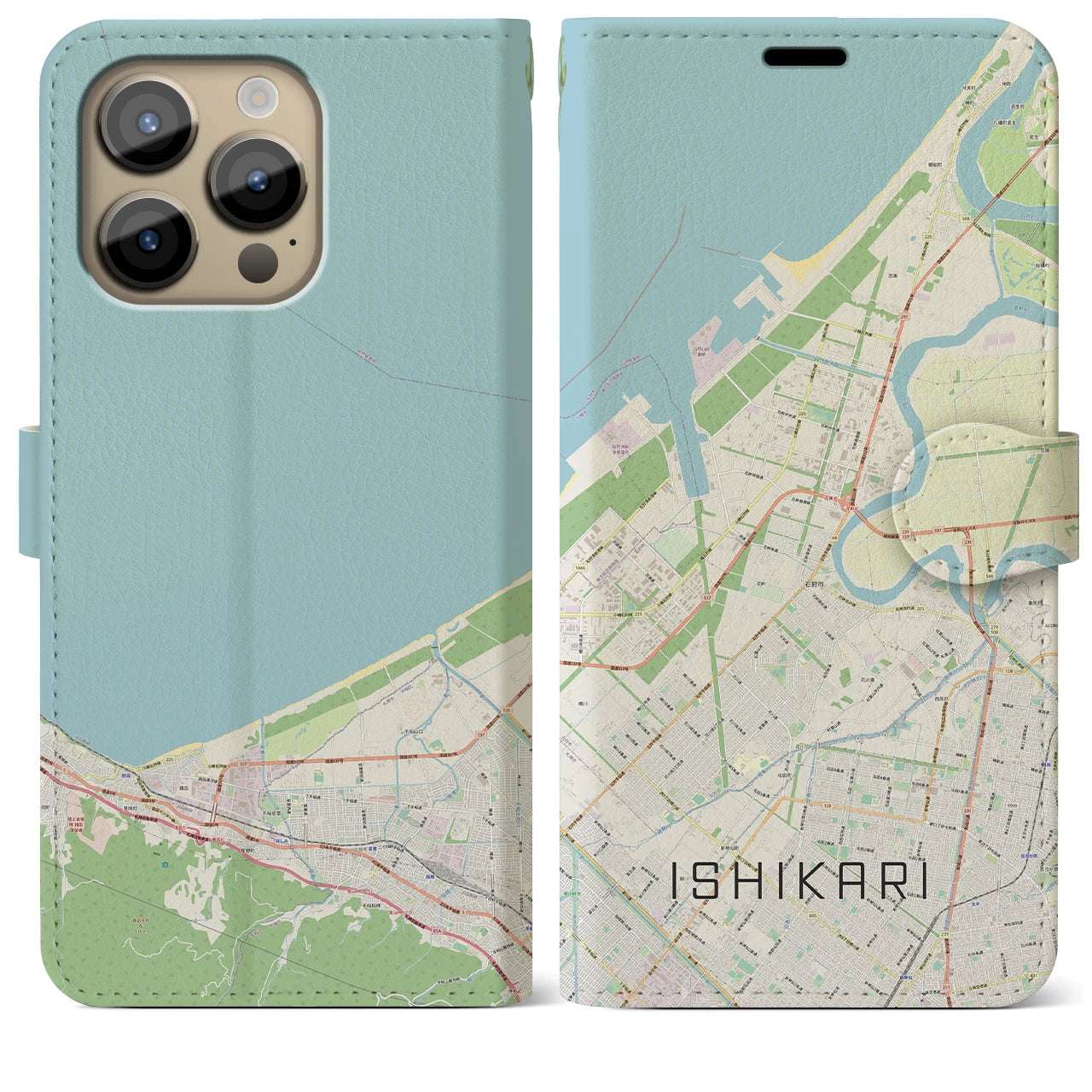 【石狩】地図柄iPhoneケース（手帳両面タイプ・ナチュラル）iPhone 14 Pro Max 用