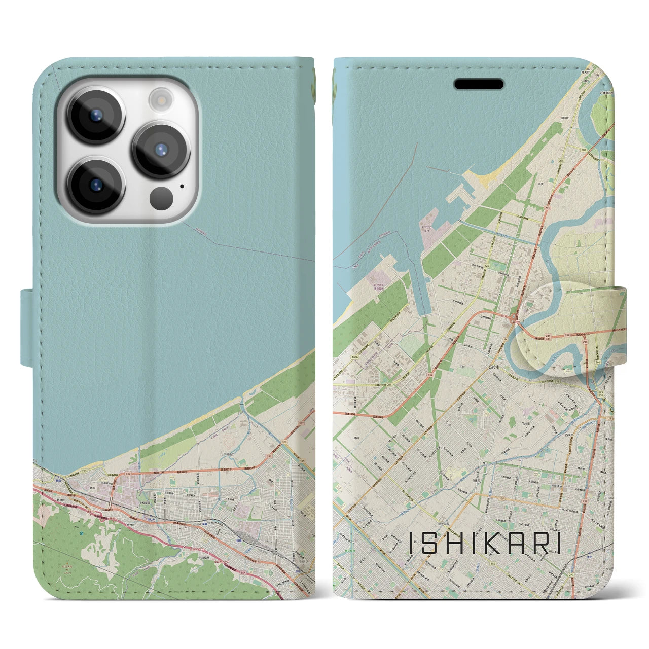 【石狩】地図柄iPhoneケース（手帳両面タイプ・ナチュラル）iPhone 14 Pro 用