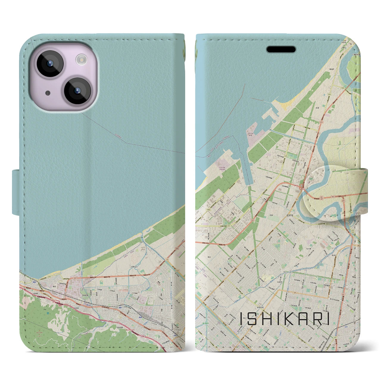 【石狩】地図柄iPhoneケース（手帳両面タイプ・ナチュラル）iPhone 14 用