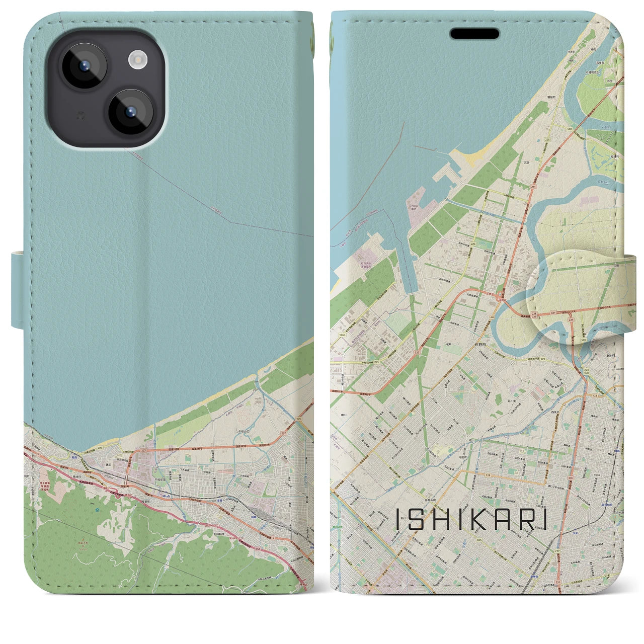 【石狩】地図柄iPhoneケース（手帳両面タイプ・ナチュラル）iPhone 14 Plus 用