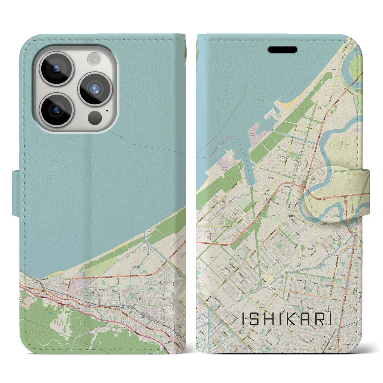 【石狩】地図柄iPhoneケース（手帳両面タイプ・ナチュラル）iPhone 15 Pro 用