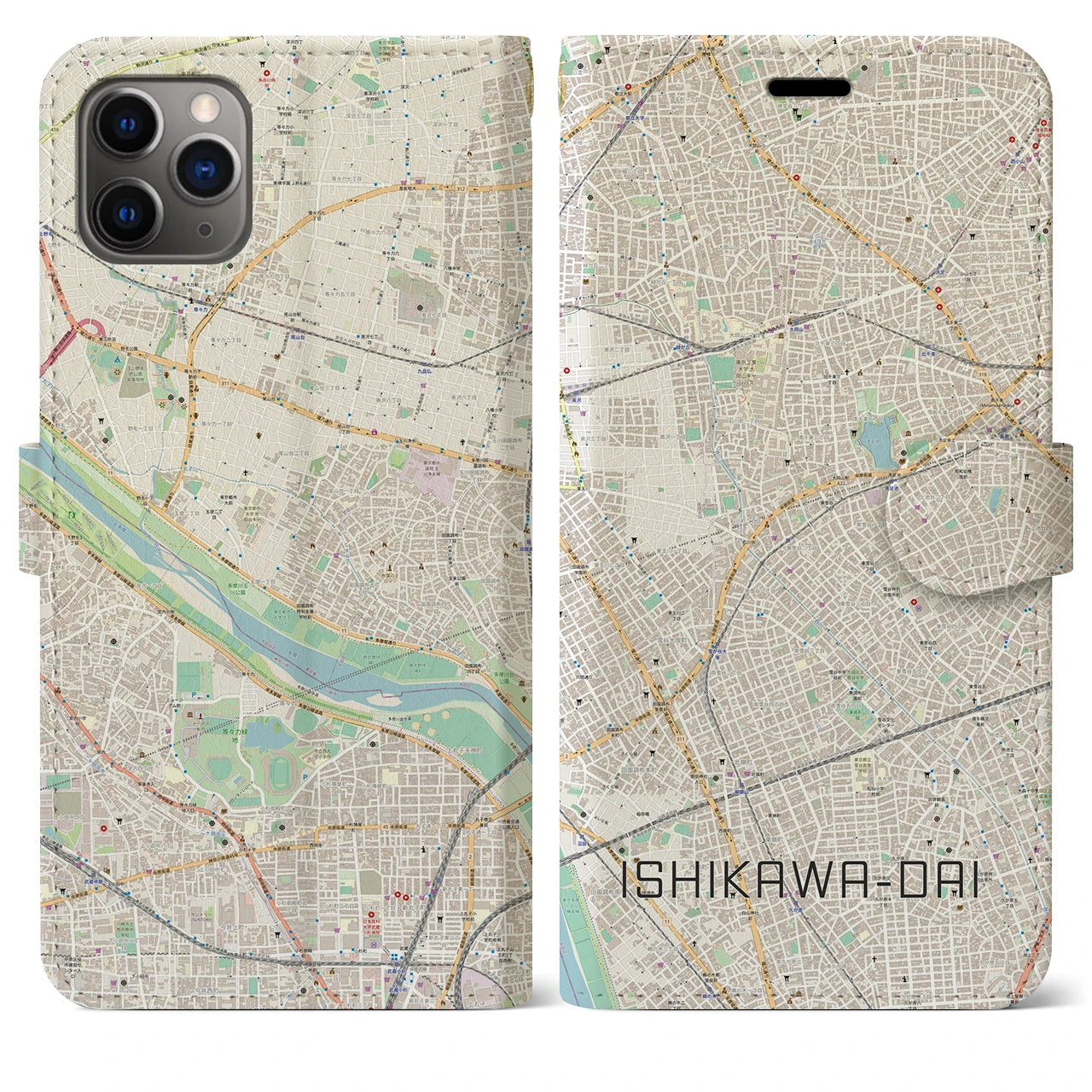 【石川台】地図柄iPhoneケース（手帳両面タイプ・ナチュラル）iPhone 11 Pro Max 用