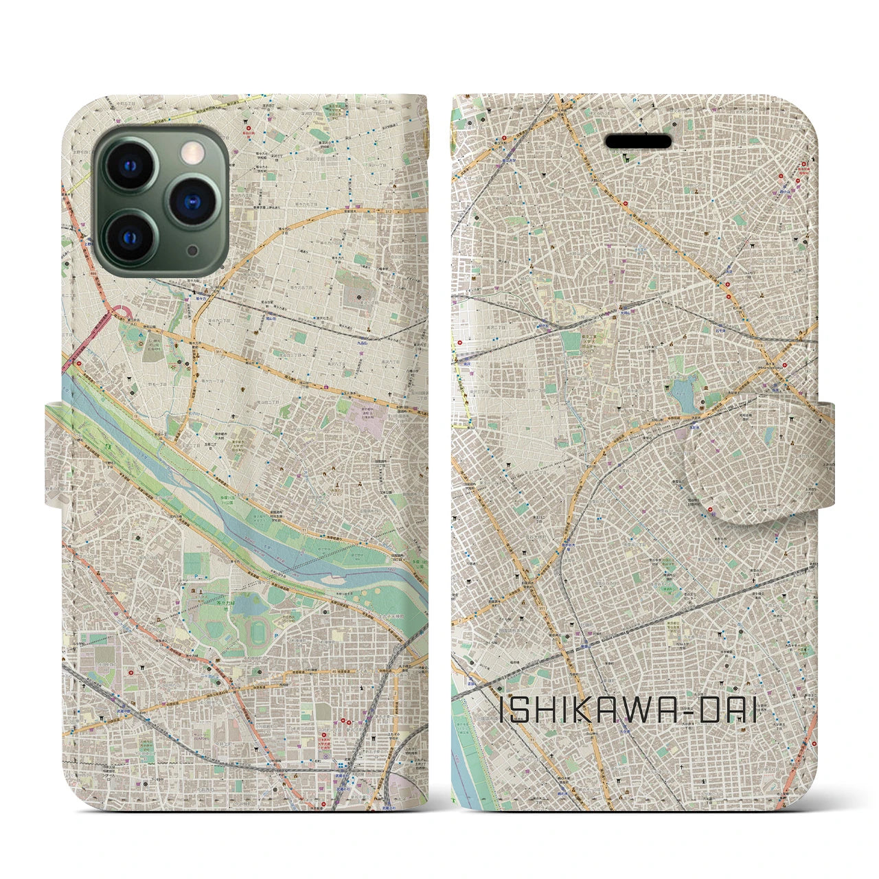 【石川台】地図柄iPhoneケース（手帳両面タイプ・ナチュラル）iPhone 11 Pro 用