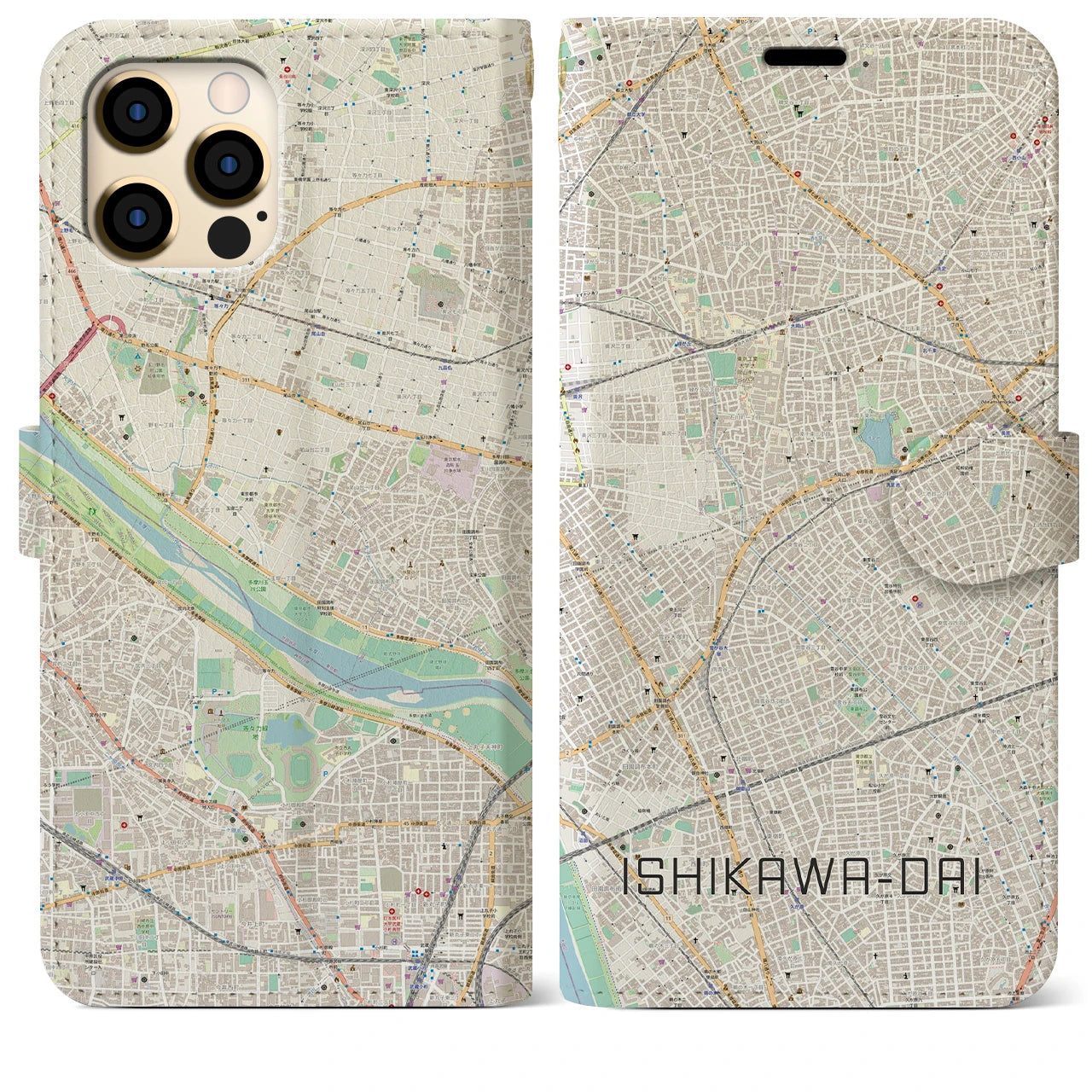 【石川台】地図柄iPhoneケース（手帳両面タイプ・ナチュラル）iPhone 12 Pro Max 用