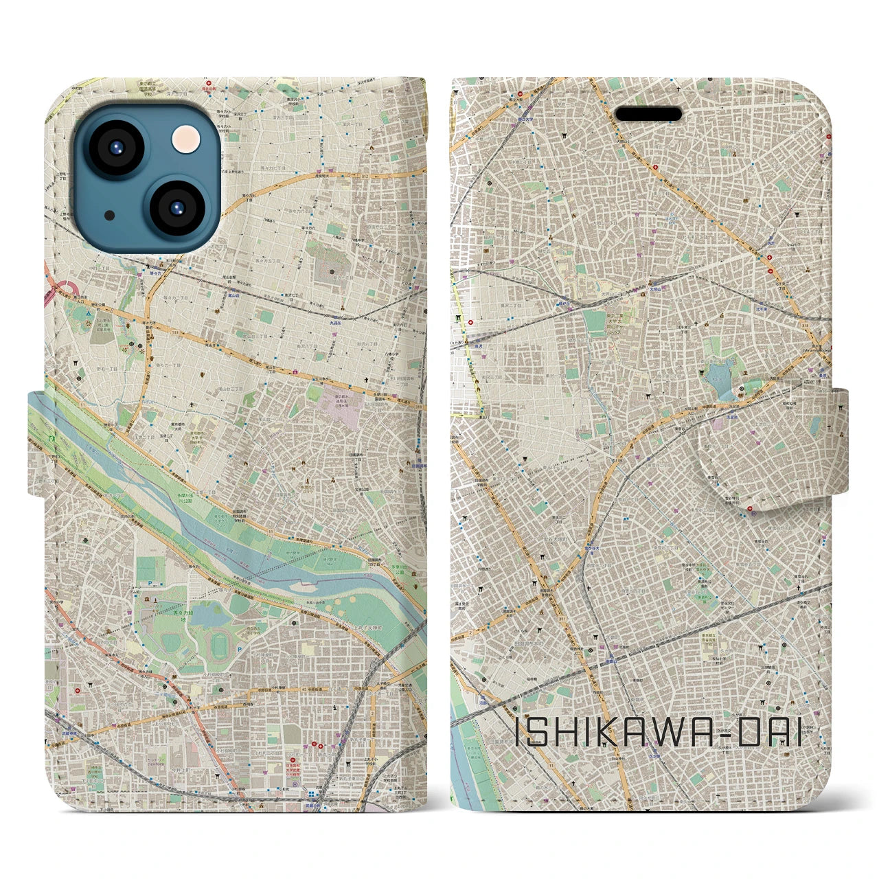 【石川台】地図柄iPhoneケース（手帳両面タイプ・ナチュラル）iPhone 13 用