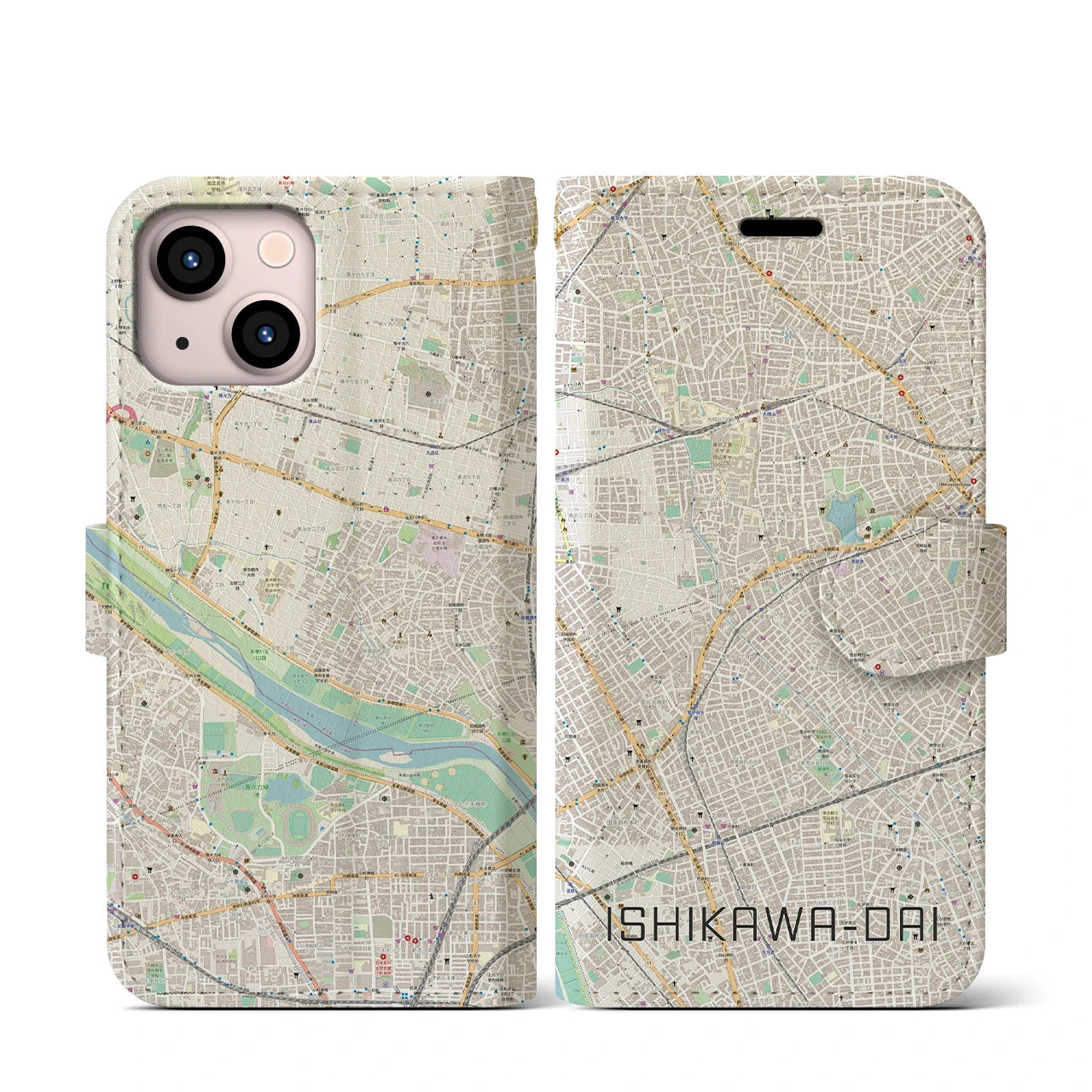 【石川台】地図柄iPhoneケース（手帳両面タイプ・ナチュラル）iPhone 13 mini 用
