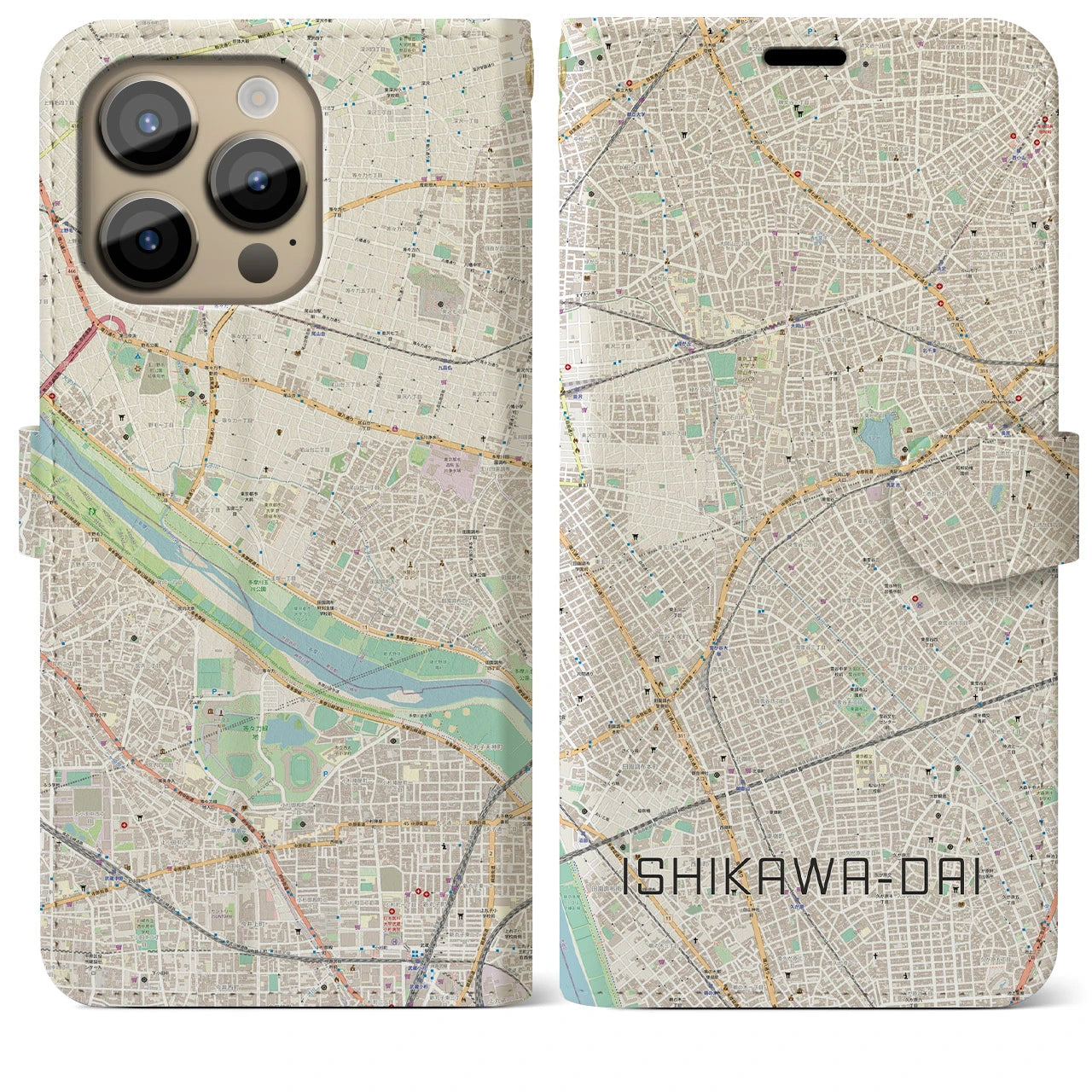 【石川台】地図柄iPhoneケース（手帳両面タイプ・ナチュラル）iPhone 14 Pro Max 用