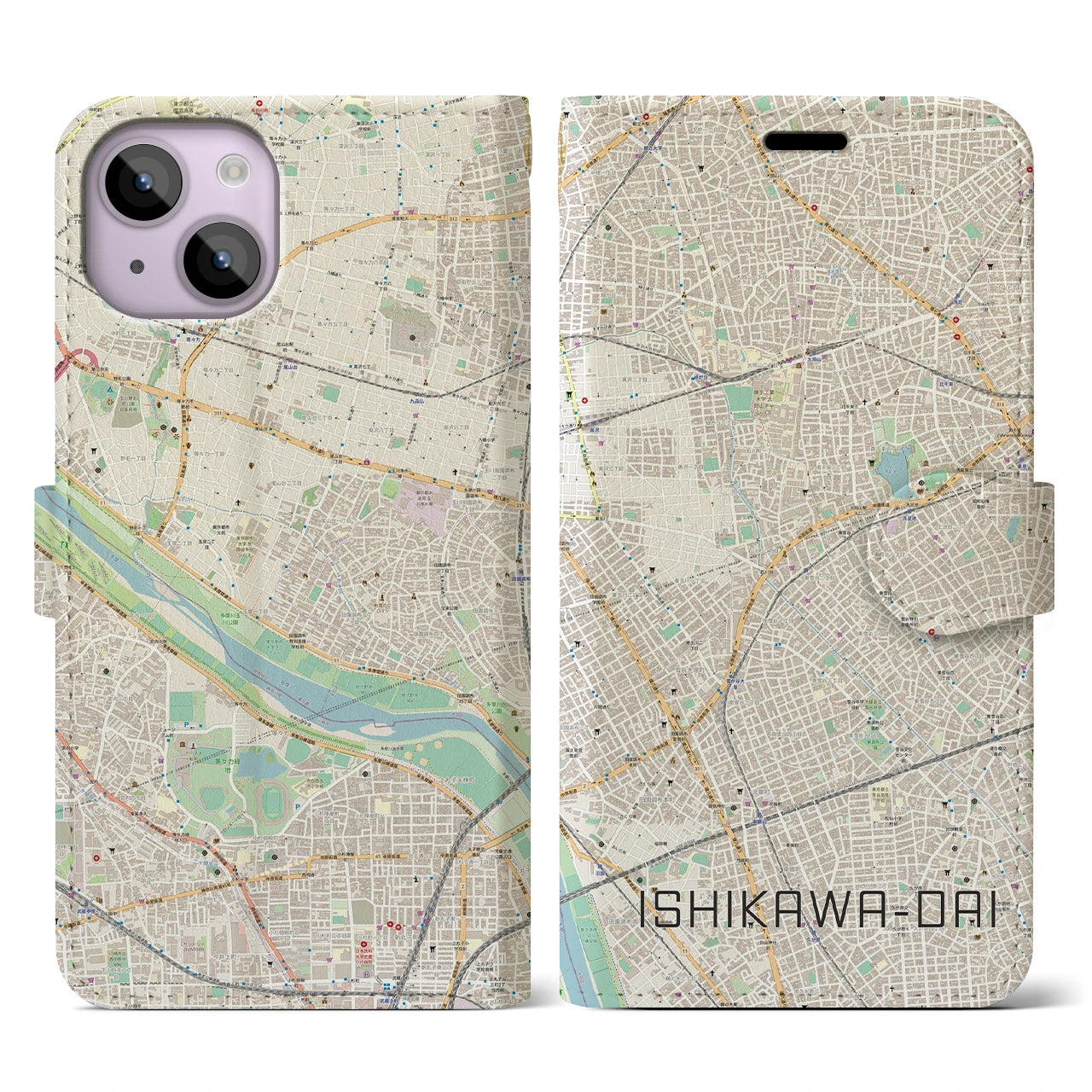 【石川台】地図柄iPhoneケース（手帳両面タイプ・ナチュラル）iPhone 14 用