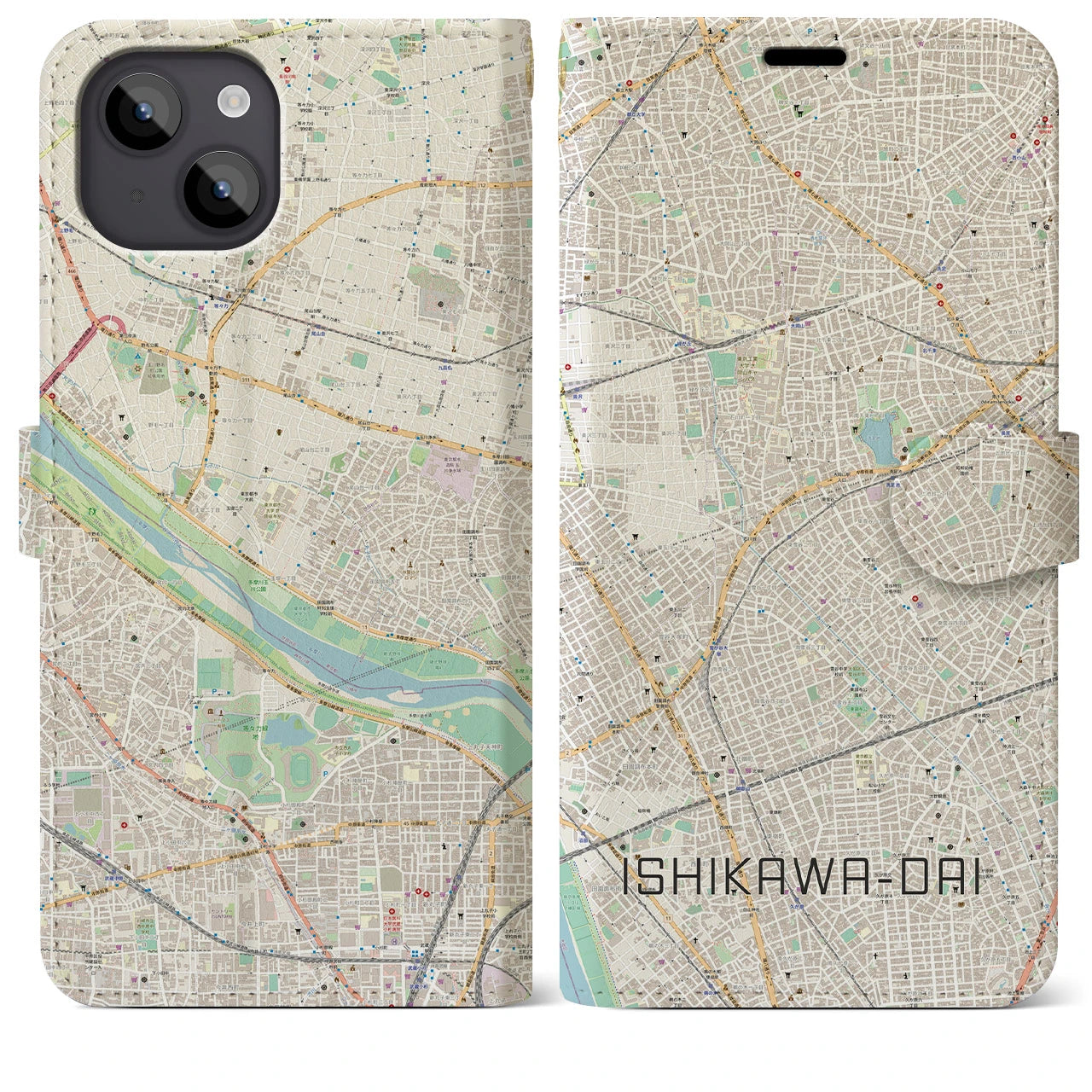 【石川台】地図柄iPhoneケース（手帳両面タイプ・ナチュラル）iPhone 14 Plus 用