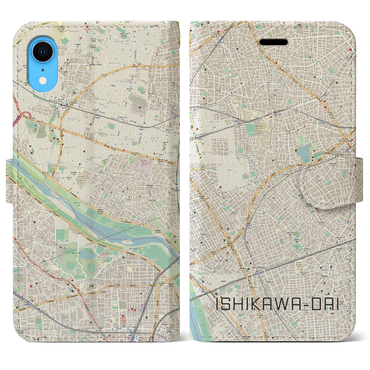 【石川台】地図柄iPhoneケース（手帳両面タイプ・ナチュラル）iPhone XR 用