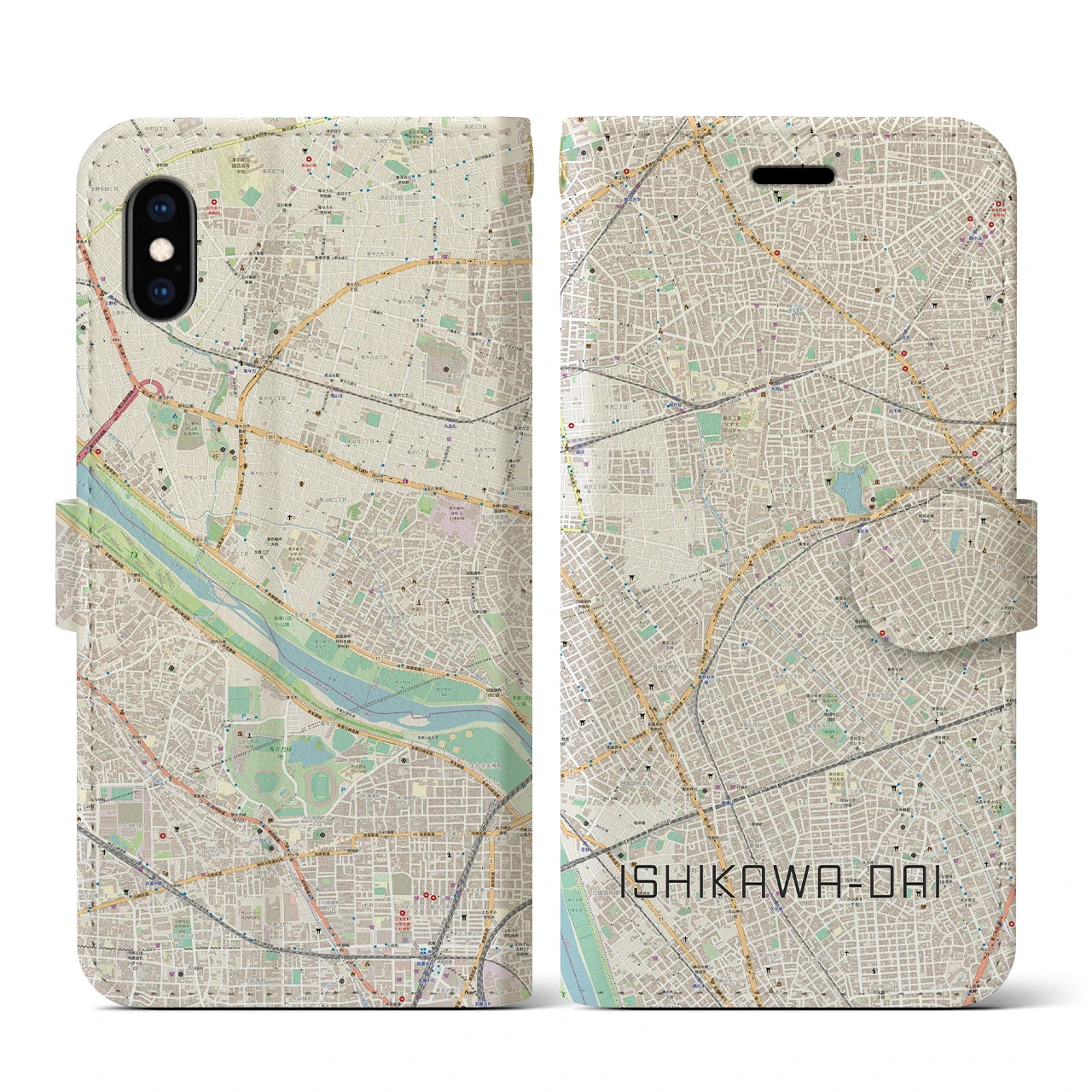 【石川台】地図柄iPhoneケース（手帳両面タイプ・ナチュラル）iPhone XS / X 用