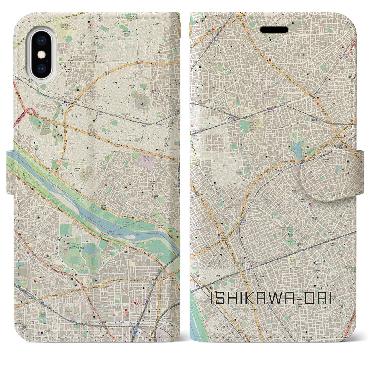 【石川台】地図柄iPhoneケース（手帳両面タイプ・ナチュラル）iPhone XS Max 用
