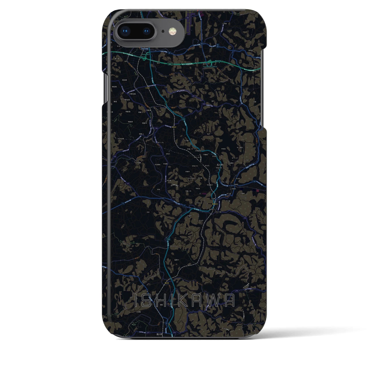 【石川】地図柄iPhoneケース（バックカバータイプ・ブラック）iPhone 8Plus /7Plus / 6sPlus / 6Plus 用