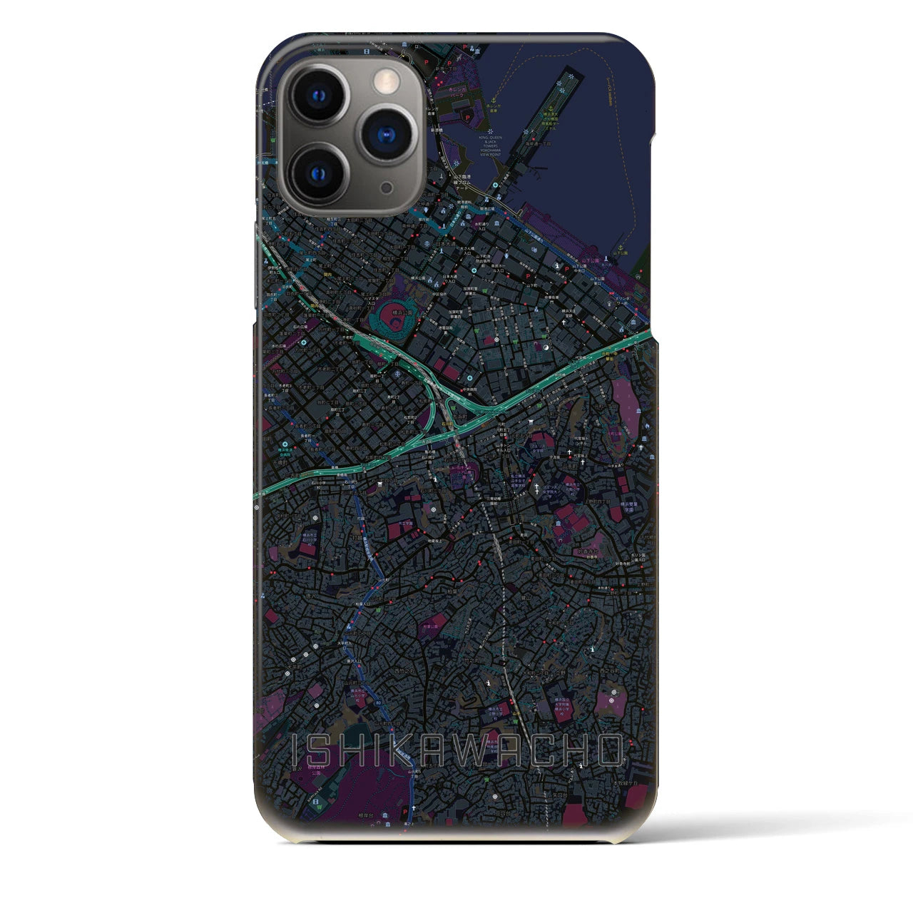 【石川町】地図柄iPhoneケース（バックカバータイプ・ブラック）iPhone 11 Pro Max 用