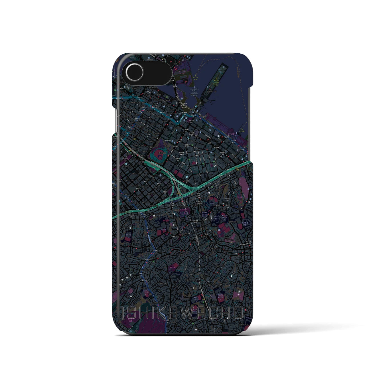 【石川町】地図柄iPhoneケース（バックカバータイプ・ブラック）iPhone SE（第3 / 第2世代） / 8 / 7 / 6s / 6 用