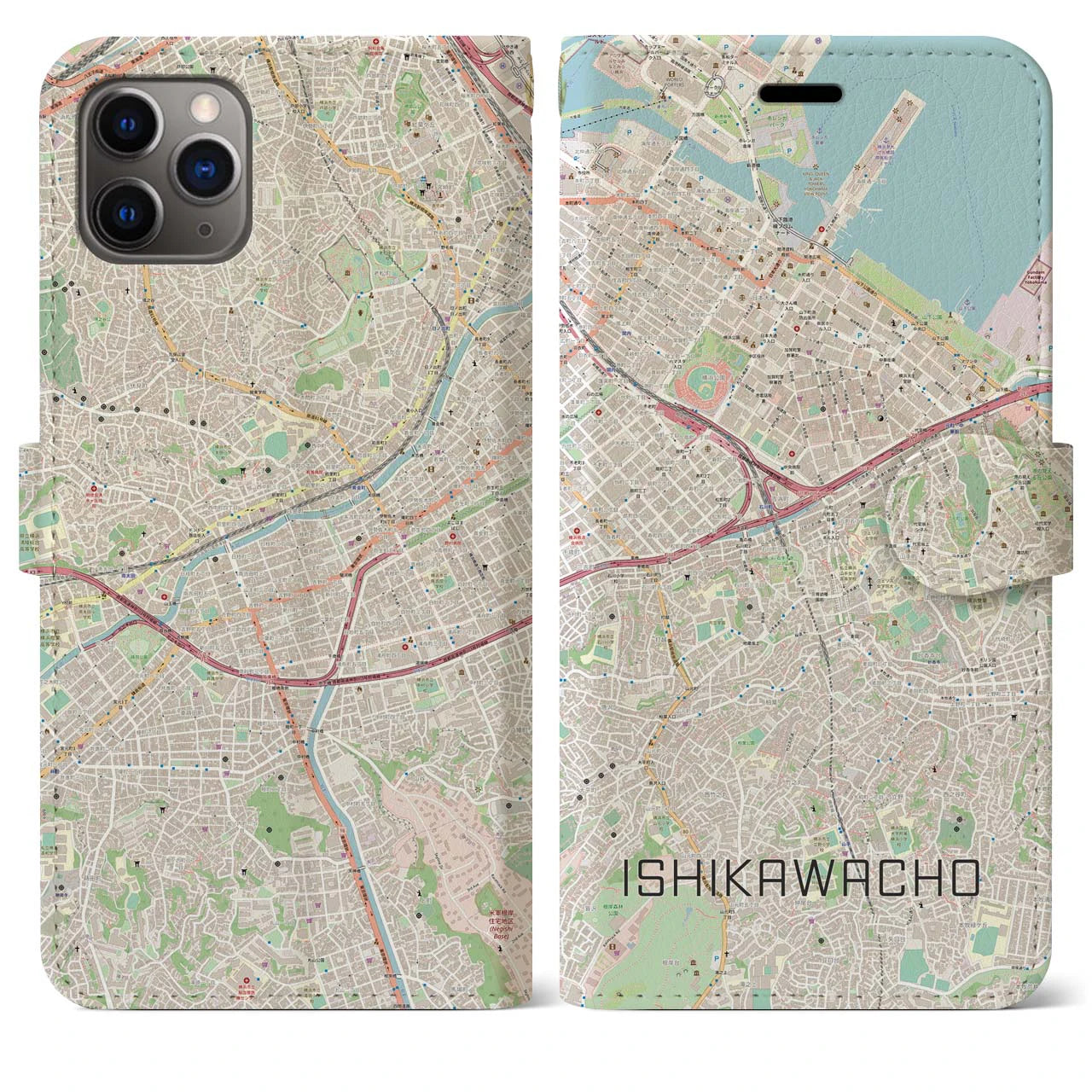 【石川町】地図柄iPhoneケース（手帳両面タイプ・ナチュラル）iPhone 11 Pro Max 用