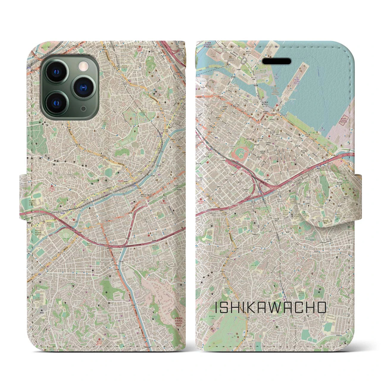 【石川町】地図柄iPhoneケース（手帳両面タイプ・ナチュラル）iPhone 11 Pro 用