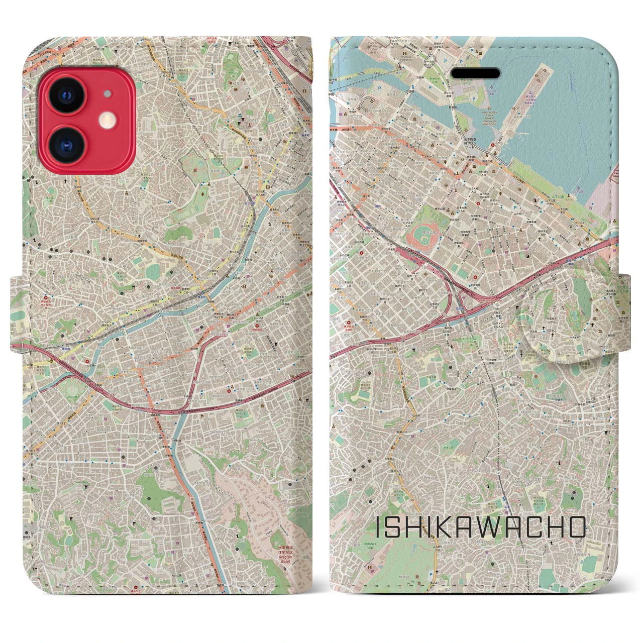 【石川町】地図柄iPhoneケース（手帳両面タイプ・ナチュラル）iPhone 11 用