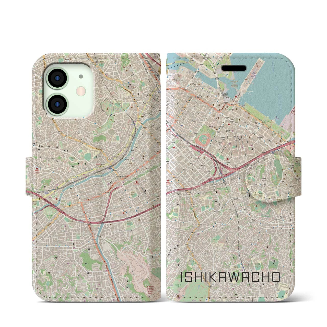 【石川町】地図柄iPhoneケース（手帳両面タイプ・ナチュラル）iPhone 12 mini 用