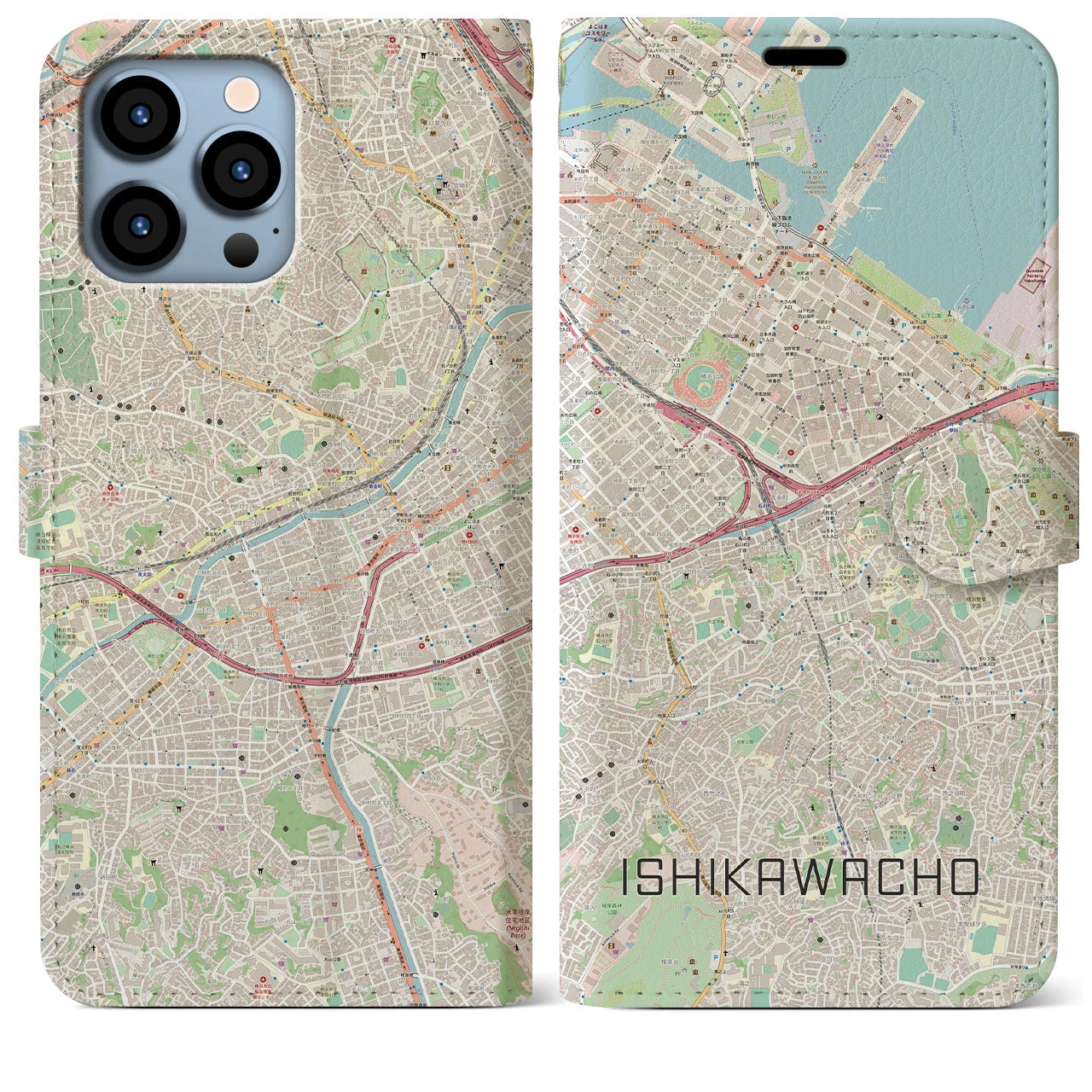 【石川町】地図柄iPhoneケース（手帳両面タイプ・ナチュラル）iPhone 13 Pro Max 用