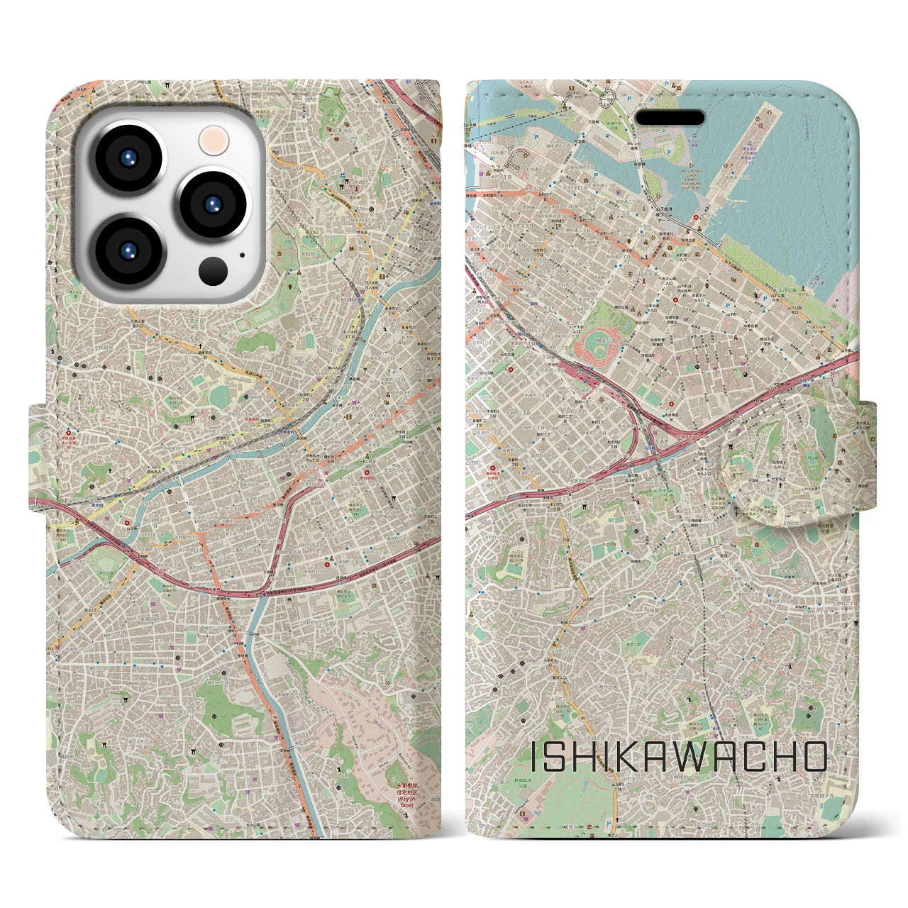 【石川町】地図柄iPhoneケース（手帳両面タイプ・ナチュラル）iPhone 13 Pro 用