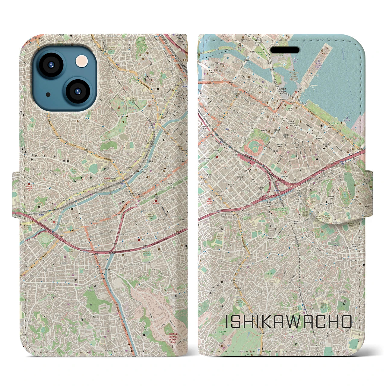 【石川町】地図柄iPhoneケース（手帳両面タイプ・ナチュラル）iPhone 13 用