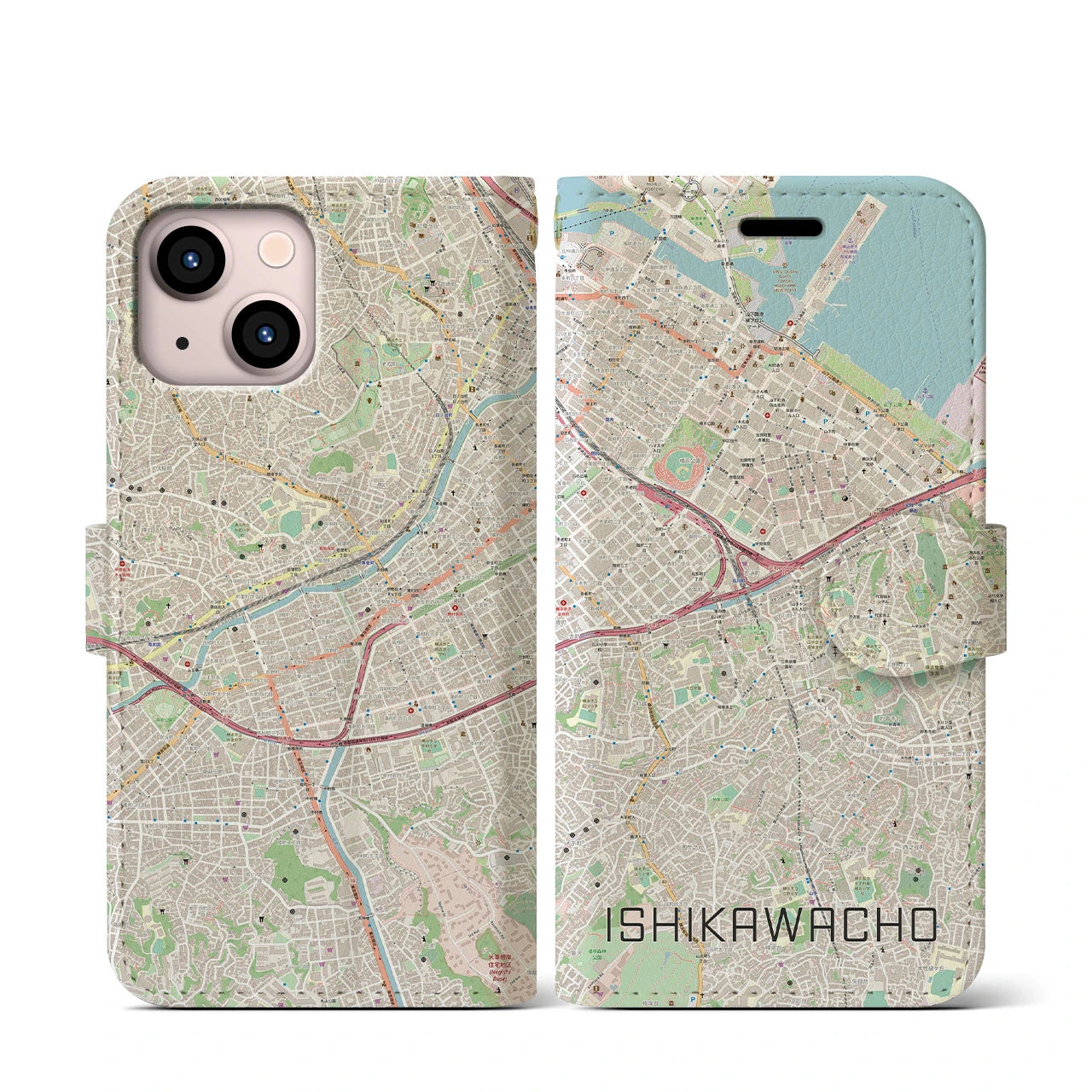 【石川町】地図柄iPhoneケース（手帳両面タイプ・ナチュラル）iPhone 13 mini 用
