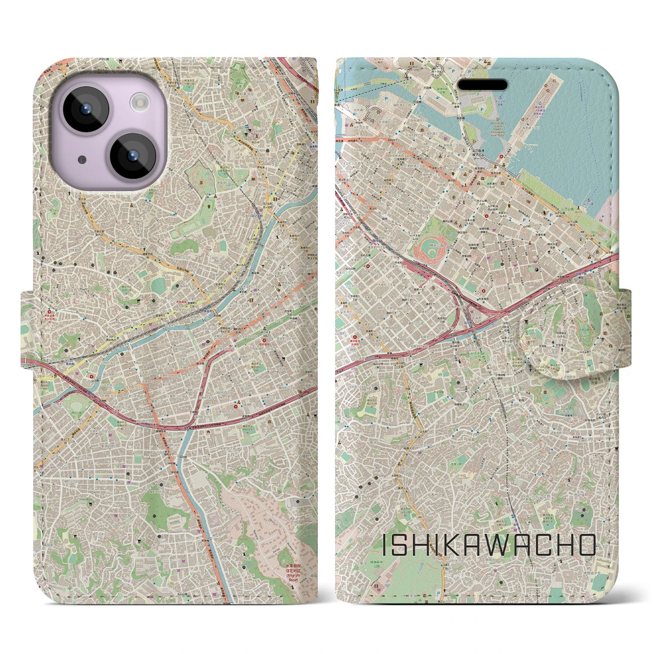 【石川町】地図柄iPhoneケース（手帳両面タイプ・ナチュラル）iPhone 14 用