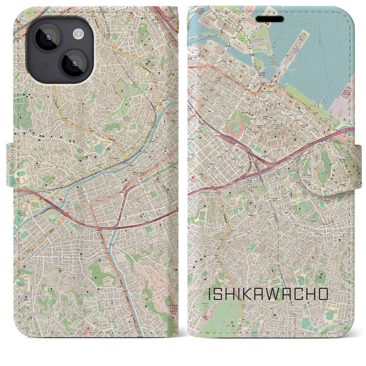 【石川町】地図柄iPhoneケース（手帳両面タイプ・ナチュラル）iPhone 14 Plus 用