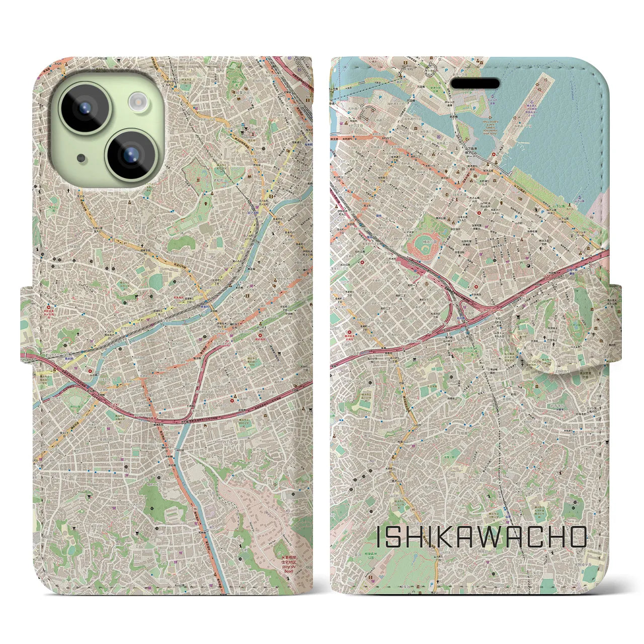 【石川町】地図柄iPhoneケース（手帳両面タイプ・ナチュラル）iPhone 15 用